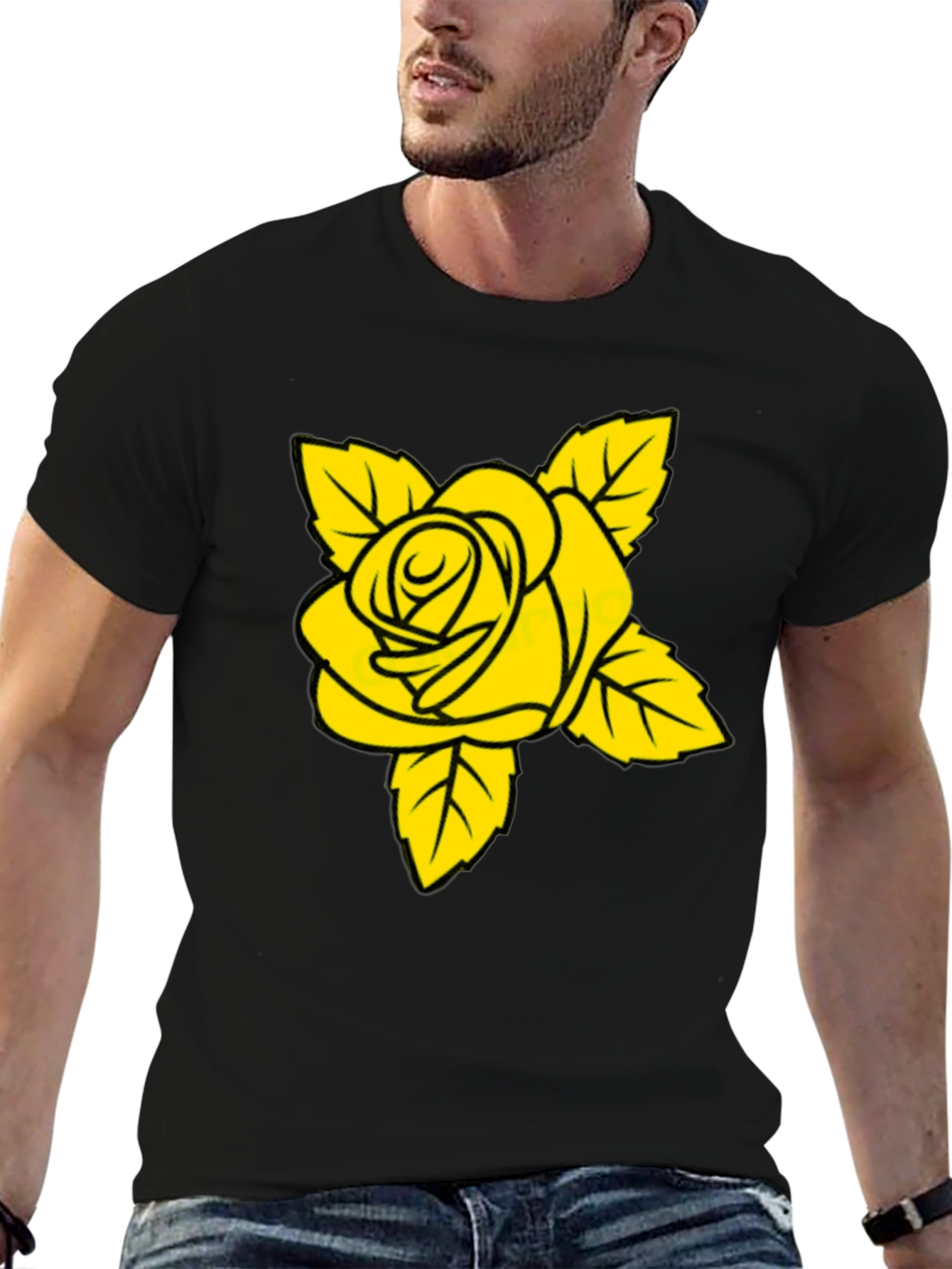 Black T-Shirt with Yellow Rose Graphic