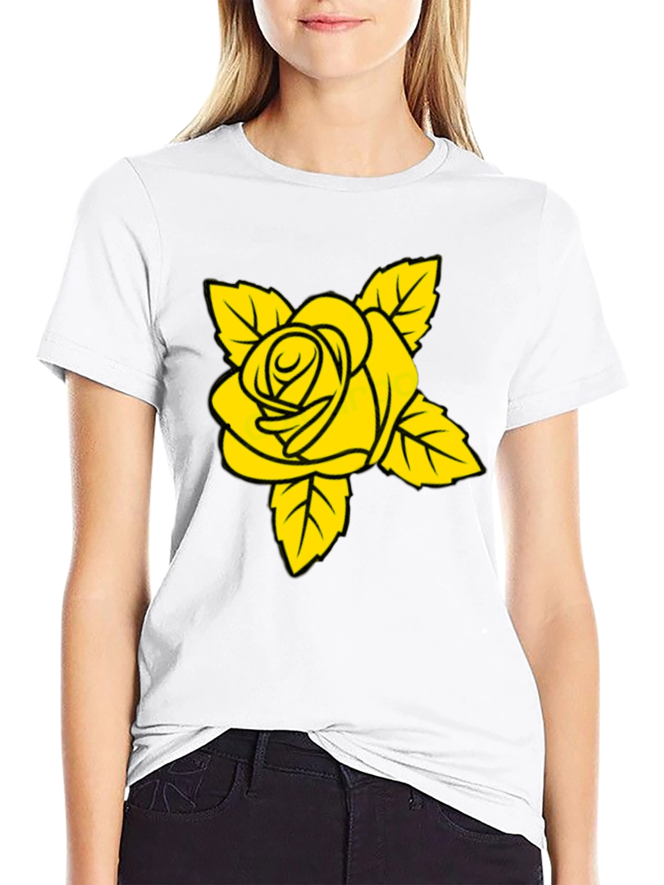 Black T-Shirt with Yellow Rose Graphic
