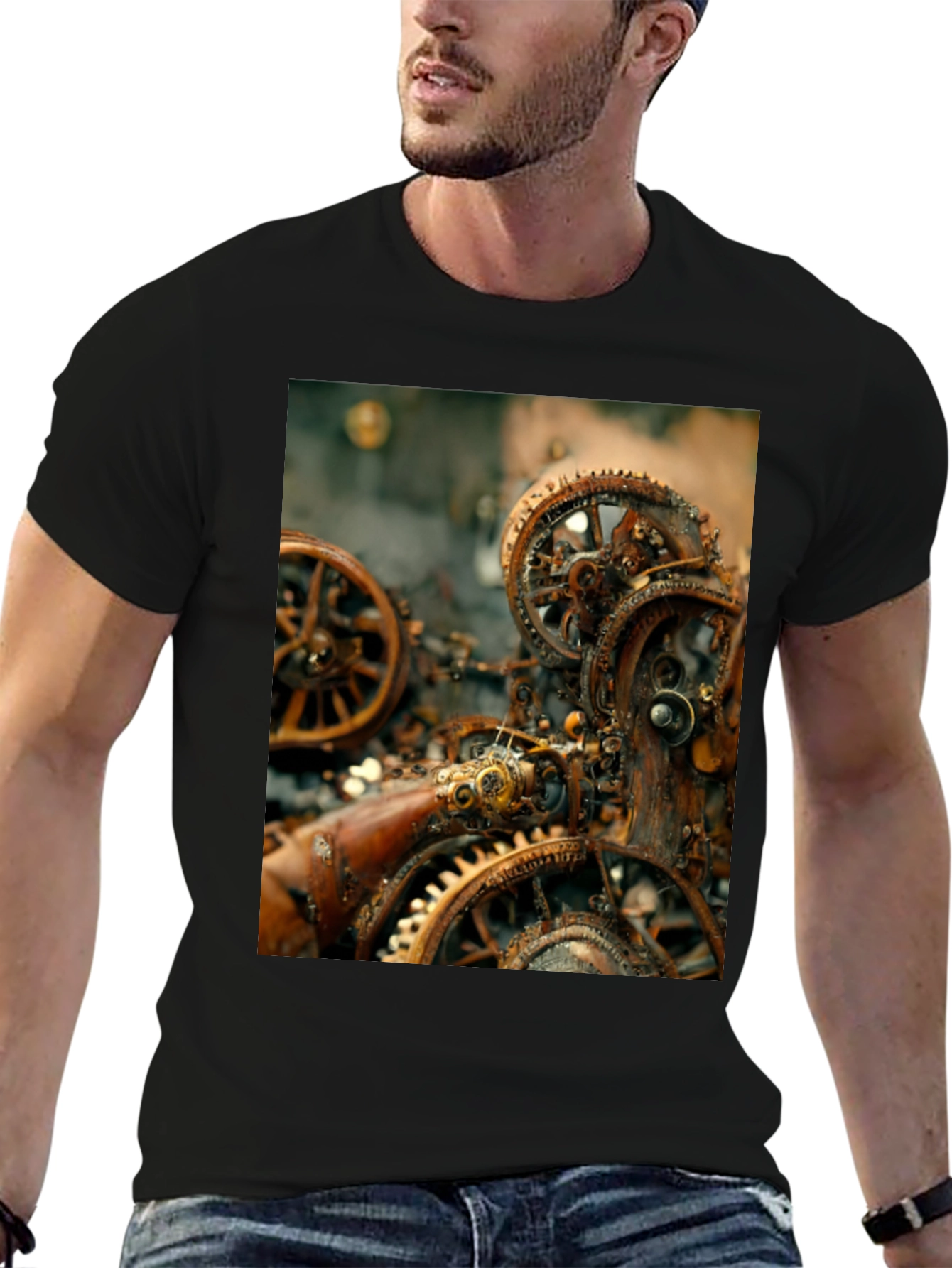 Steampunk Gears Graphic Tee - Black Cotton T-Shirt