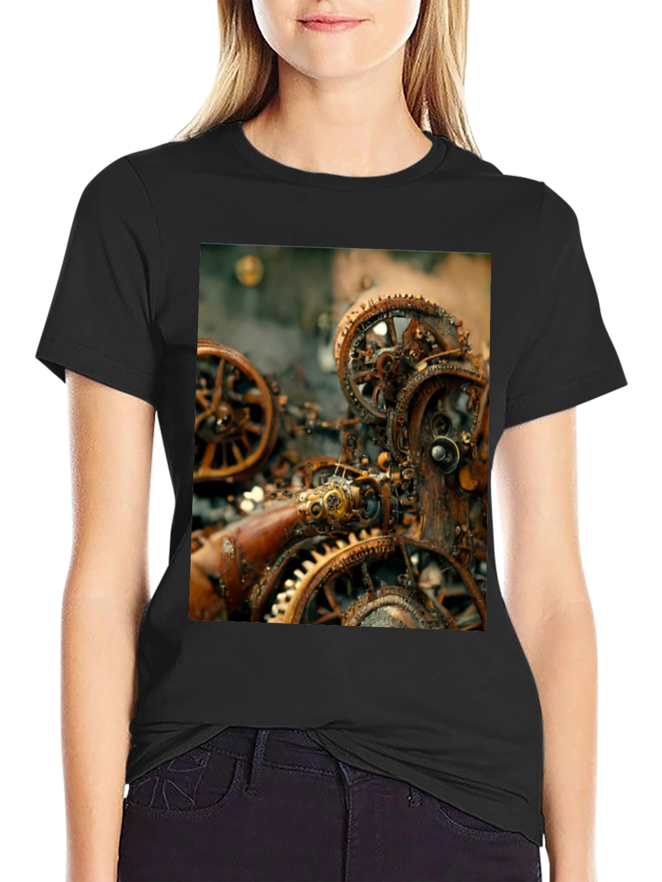 Steampunk Gears Graphic Tee - Black Cotton T-Shirt