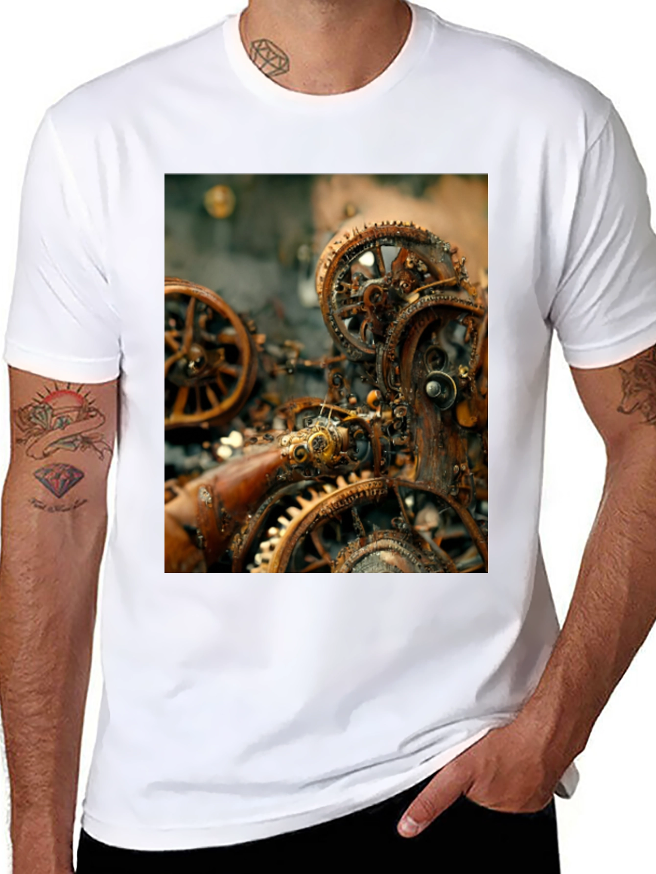 Steampunk Gears Graphic Tee - Black Cotton T-Shirt