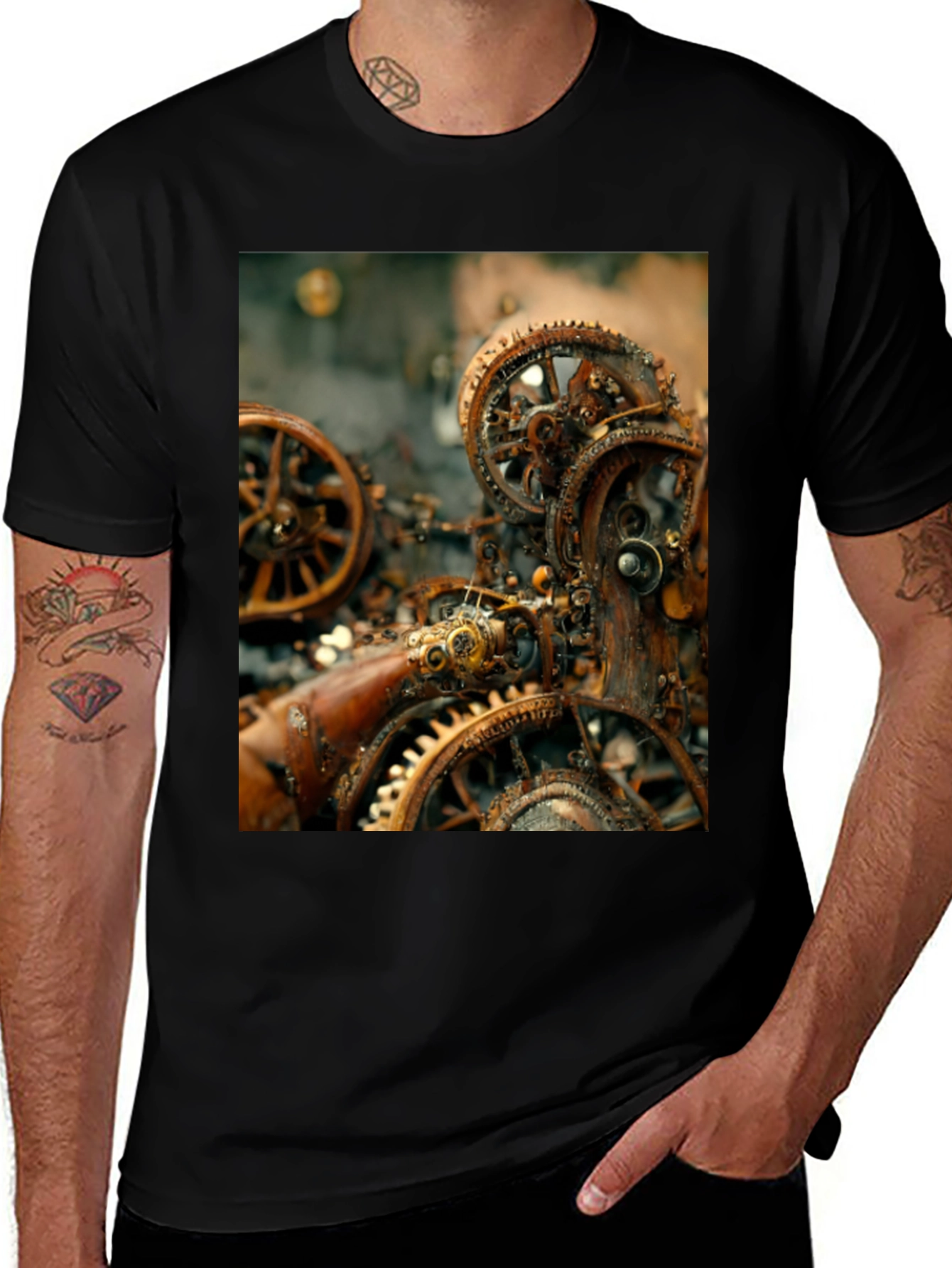 Steampunk Gears Graphic Tee - Black Cotton T-Shirt