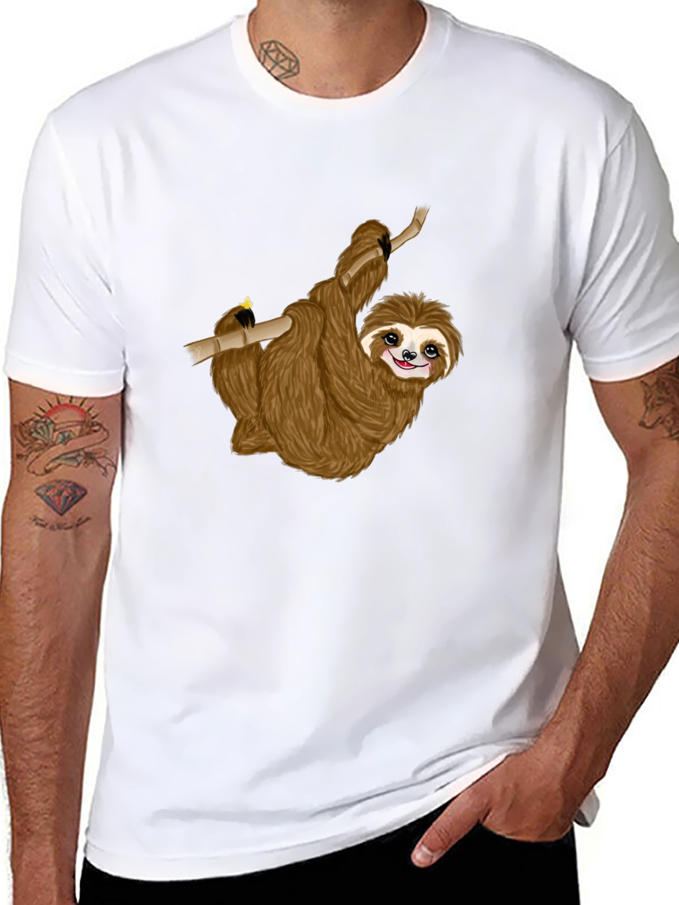 Cute Sloth on Branch Black T-Shirt