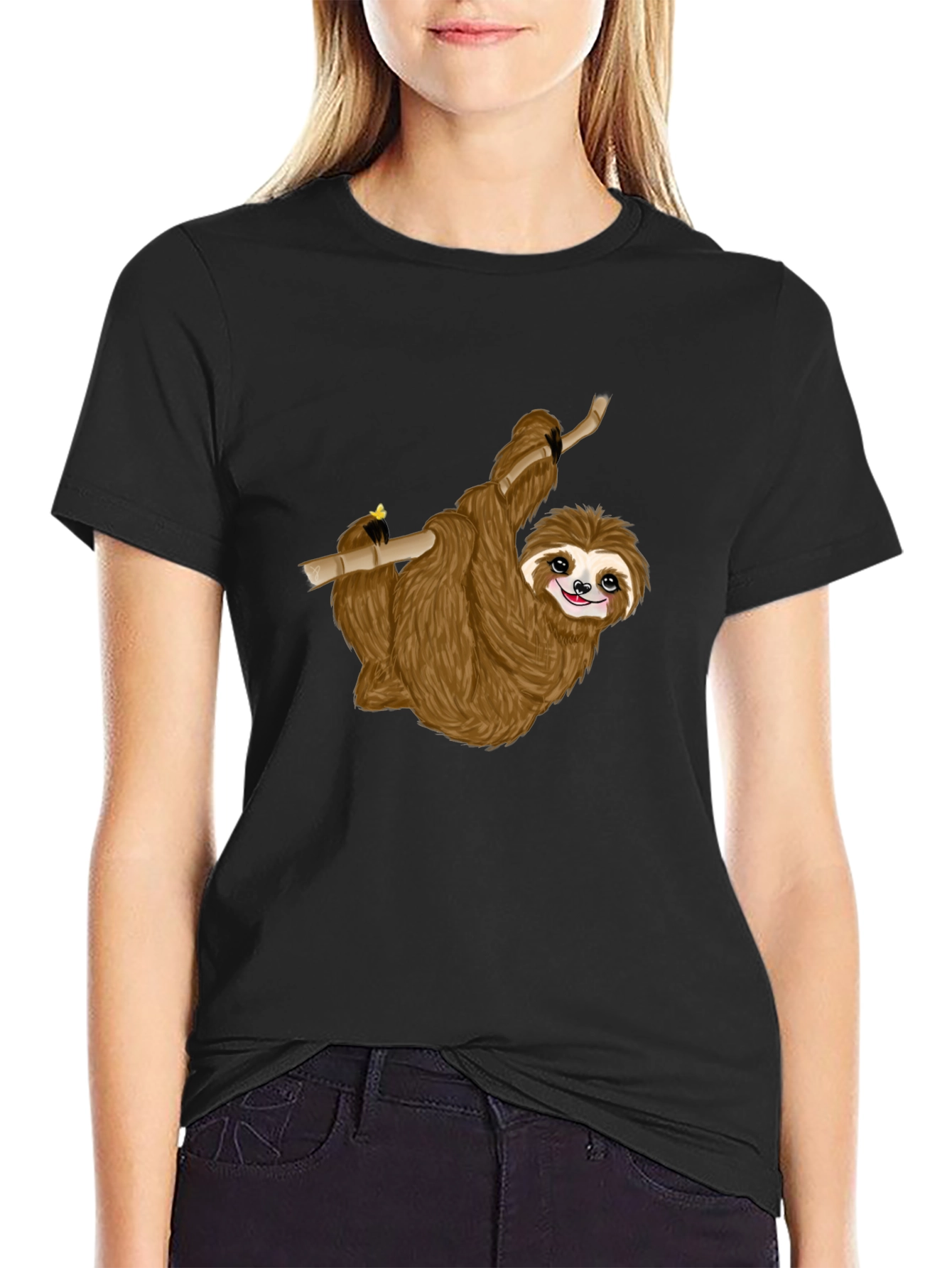 Cute Sloth on Branch Black T-Shirt