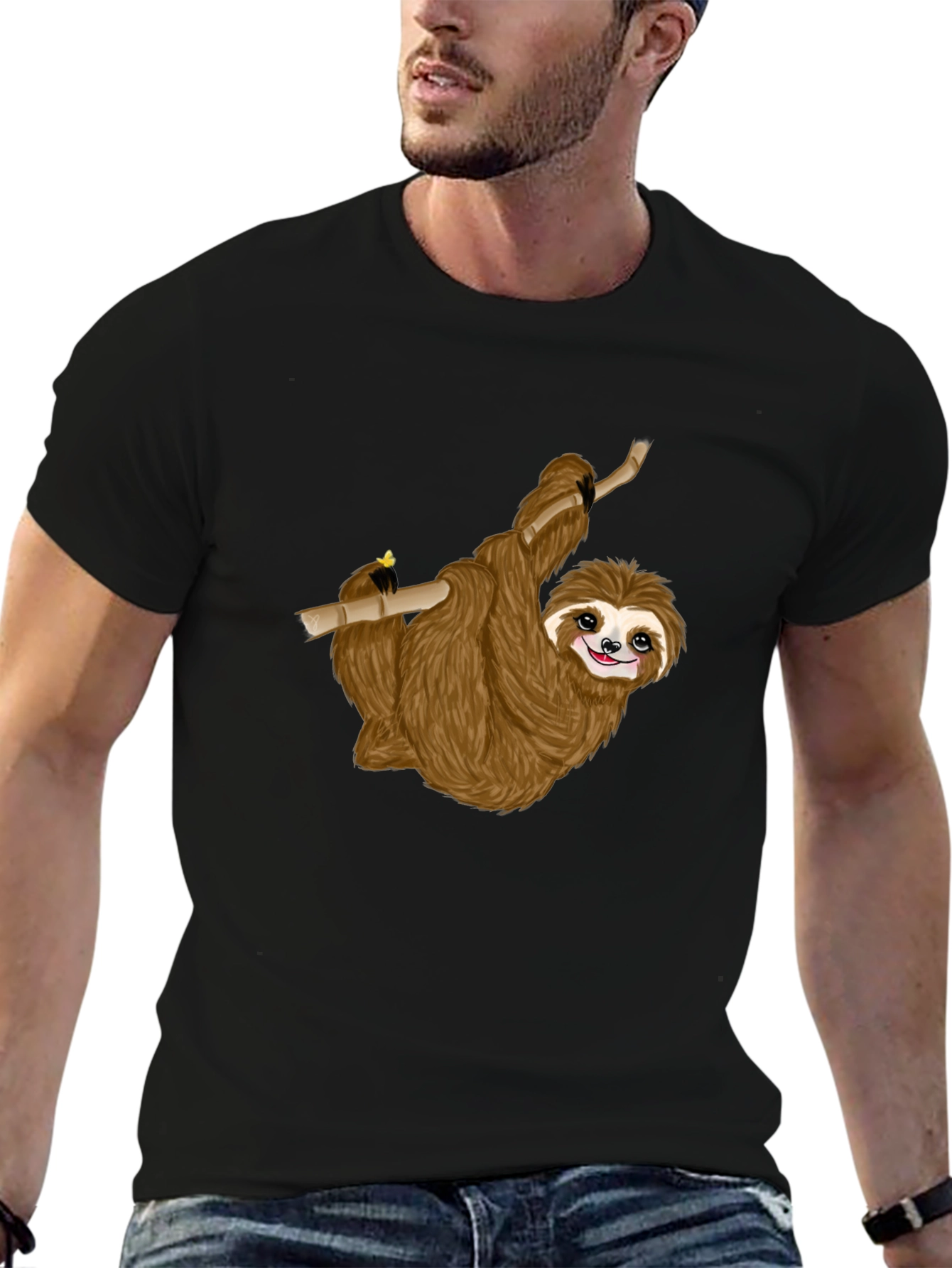 Cute Sloth on Branch Black T-Shirt
