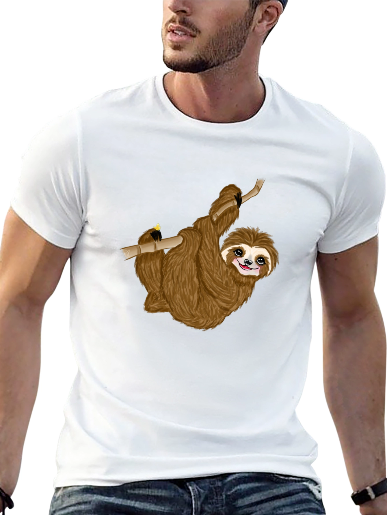 Cute Sloth on Branch Black T-Shirt