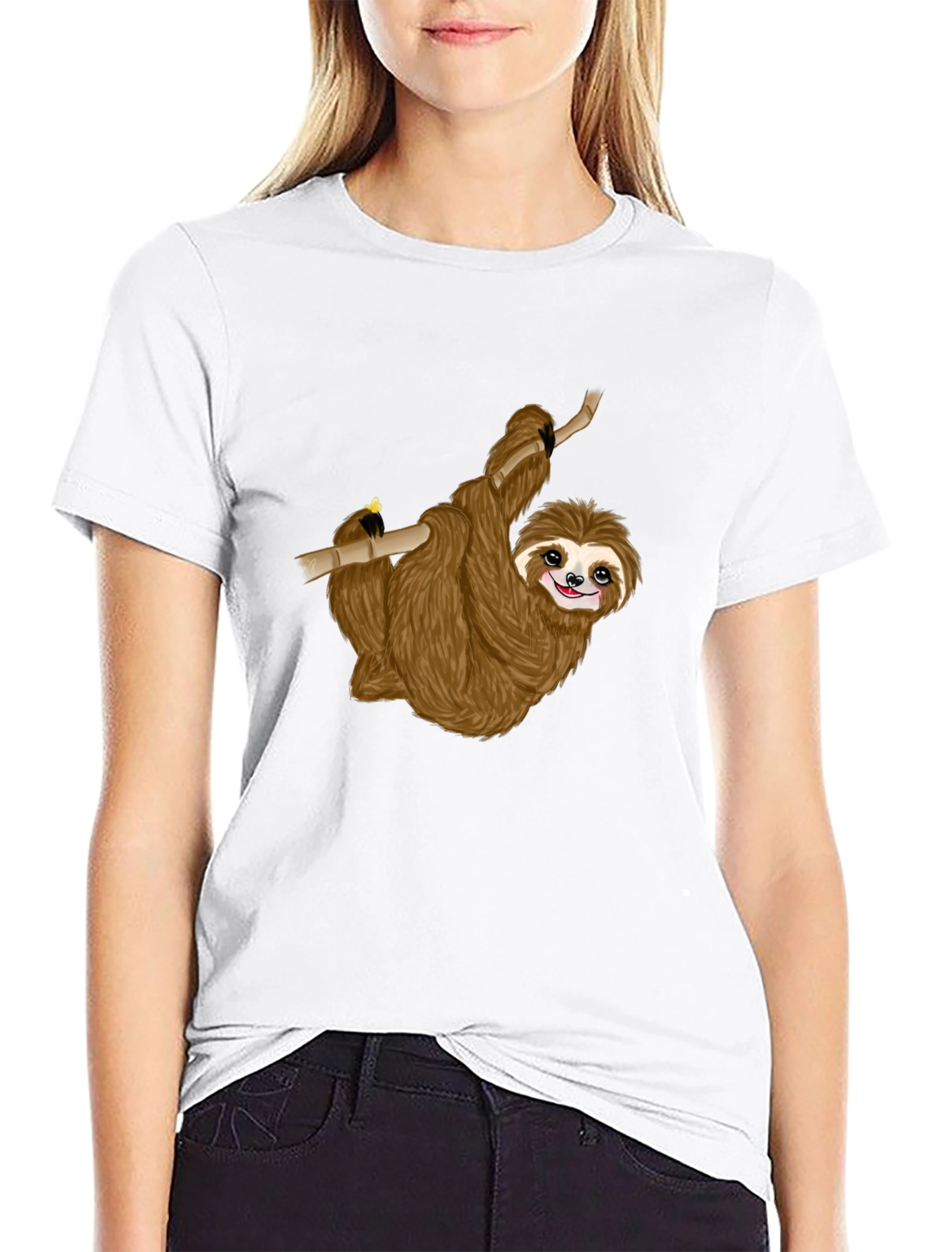 Cute Sloth on Branch Black T-Shirt