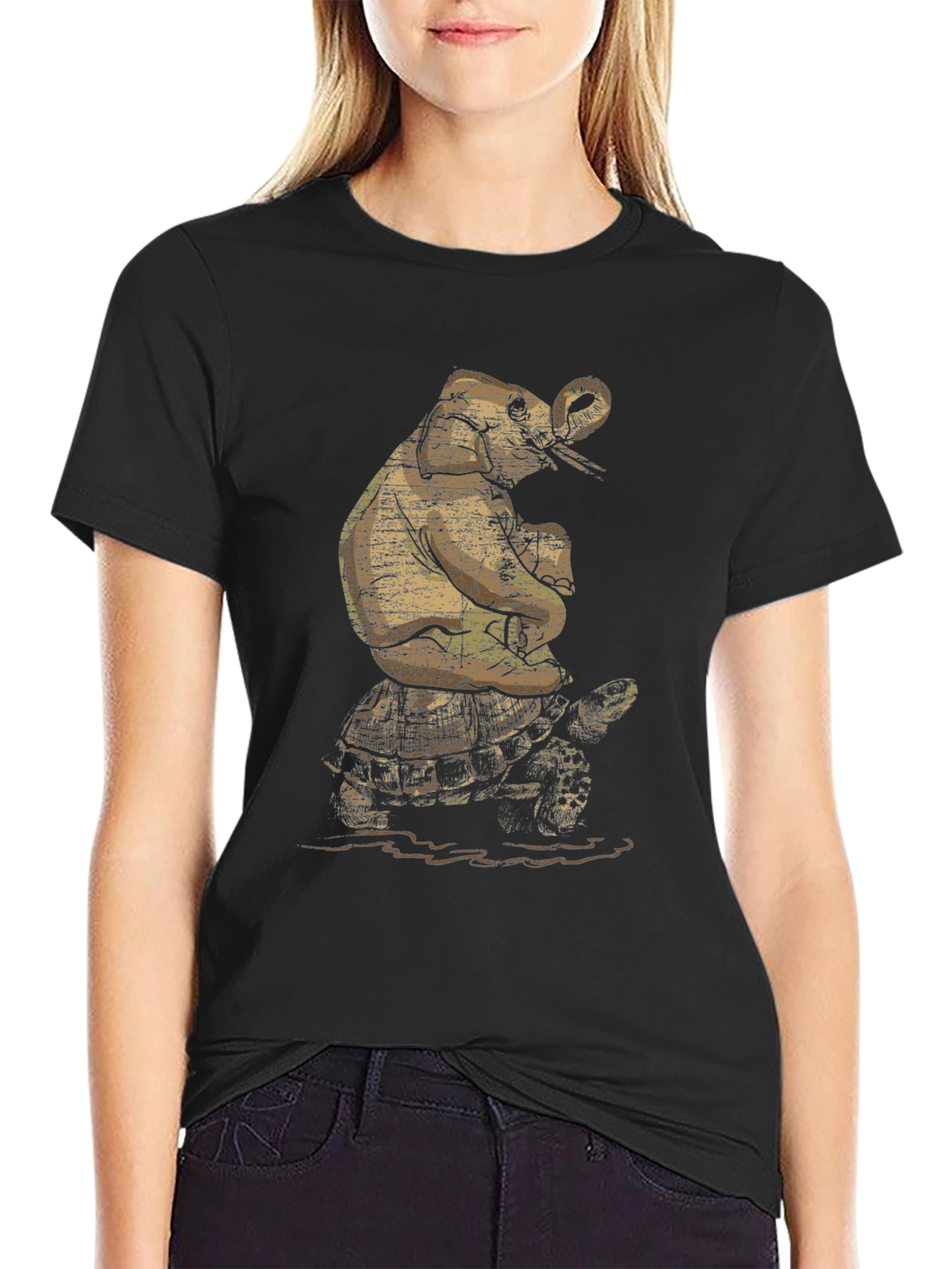 Elephant Riding Turtle Graphic T-Shirt