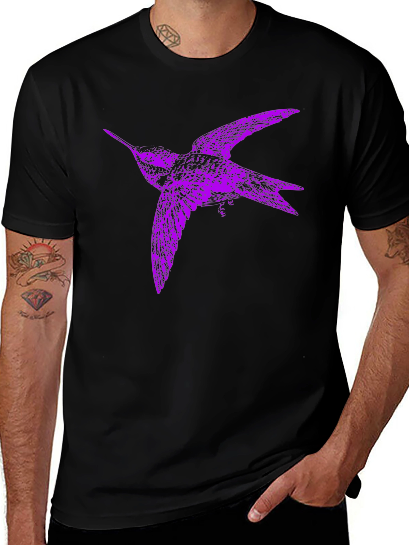 Purple Bird Graphic Tee - Black Cotton Blend T-Shirt