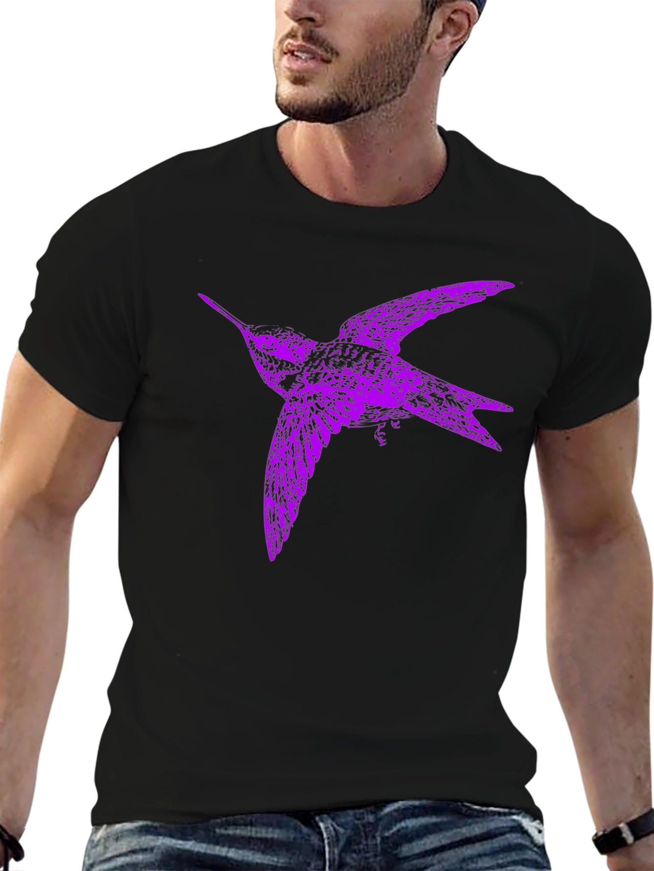 Purple Bird Graphic Tee - Black Cotton Blend T-Shirt