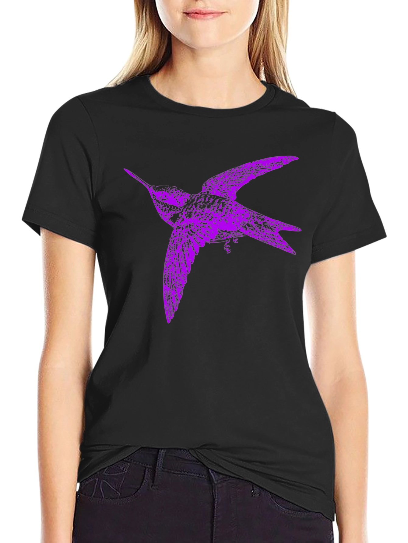 Purple Bird Graphic Tee - Black Cotton Blend T-Shirt