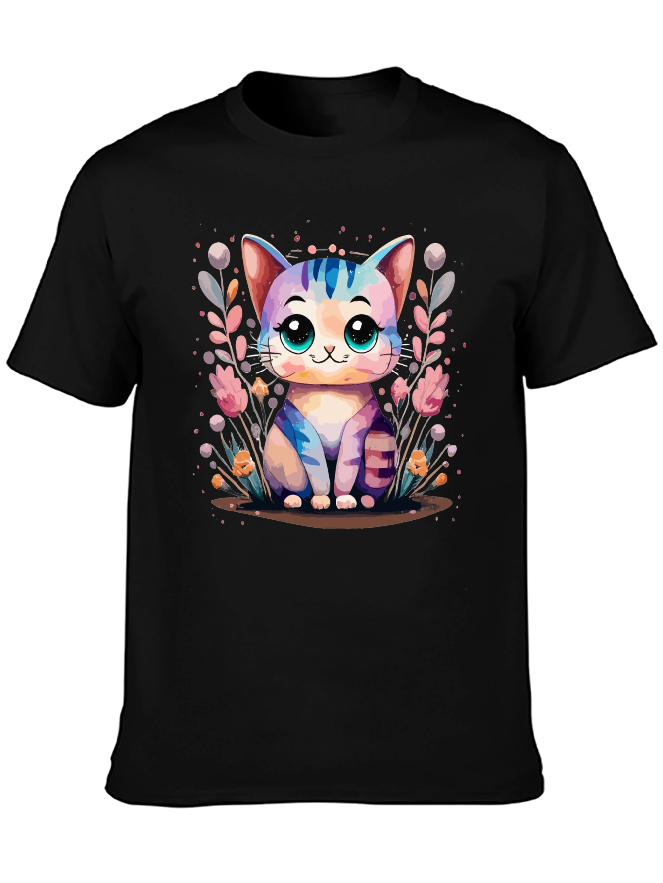 Cute Kawaii Cat Graphic Black T-Shirt