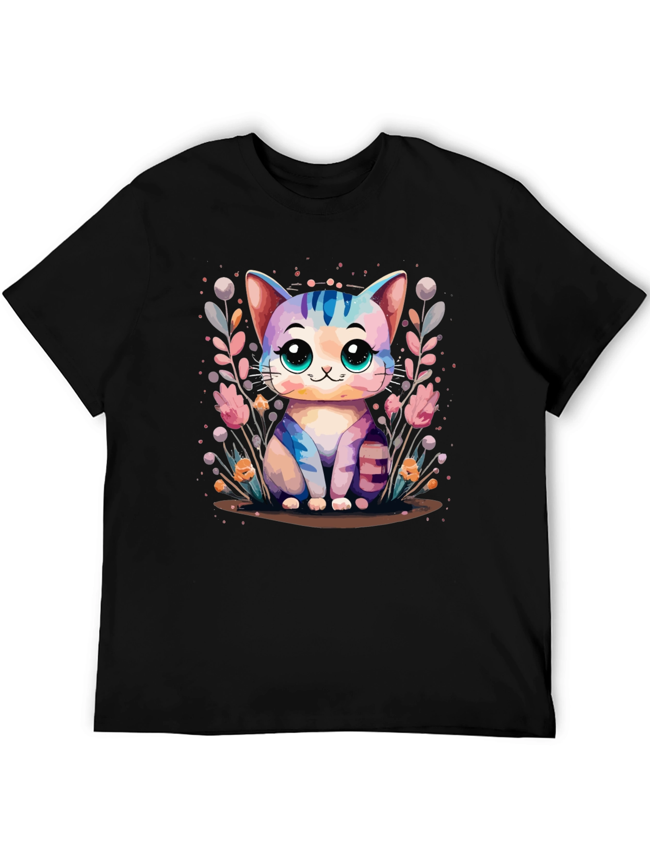 Cute Kawaii Cat Graphic Black T-Shirt