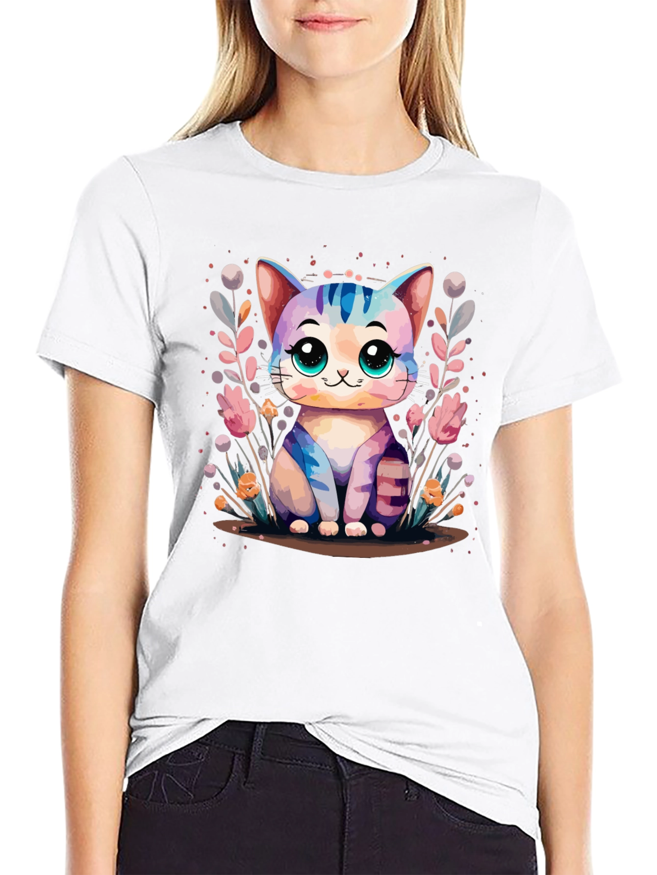 Cute Kawaii Cat Graphic Black T-Shirt