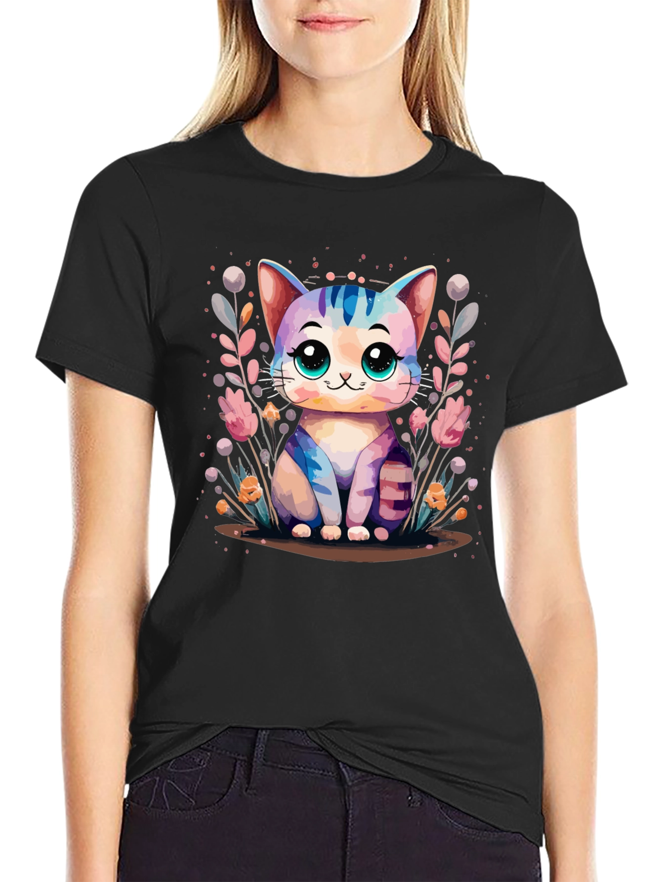 Cute Kawaii Cat Graphic Black T-Shirt
