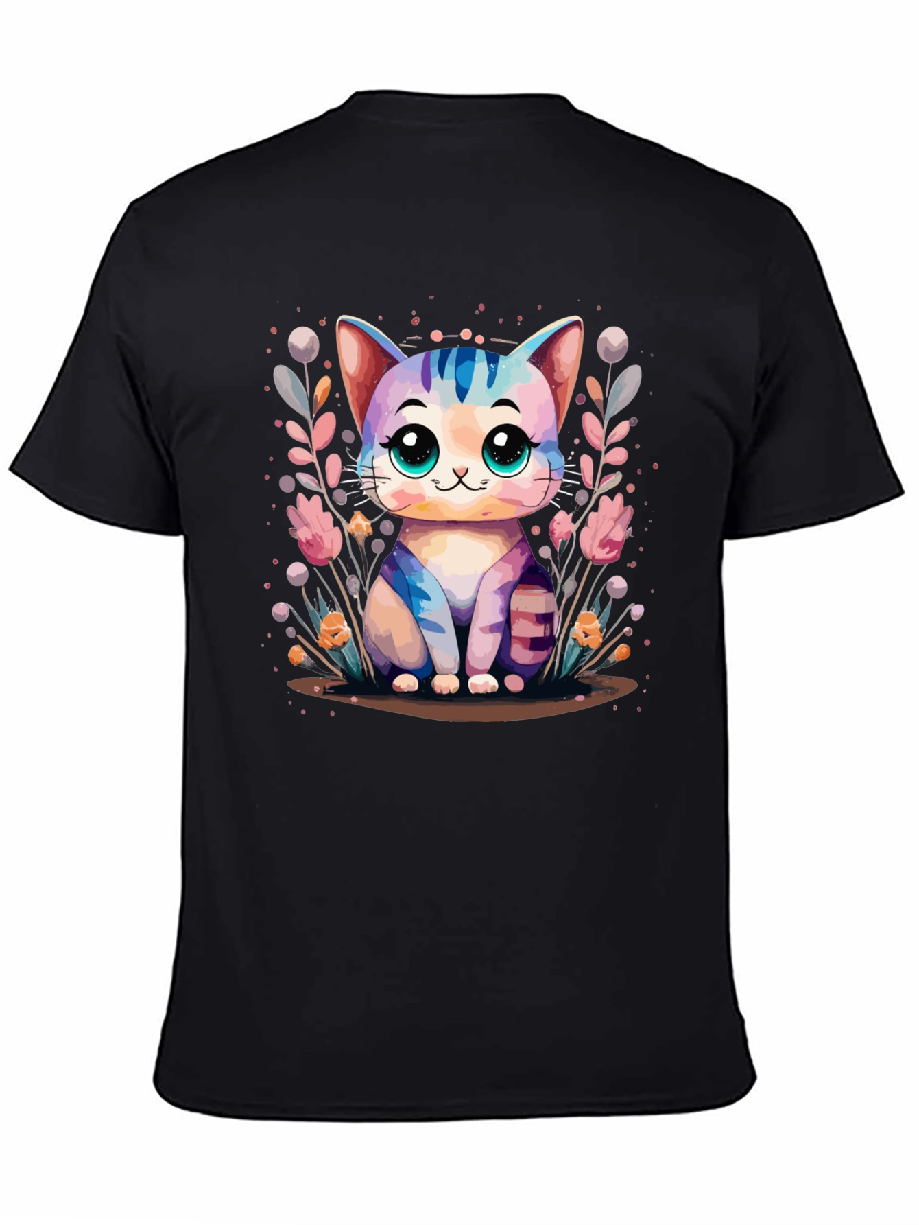 Cute Kawaii Cat Graphic Black T-Shirt