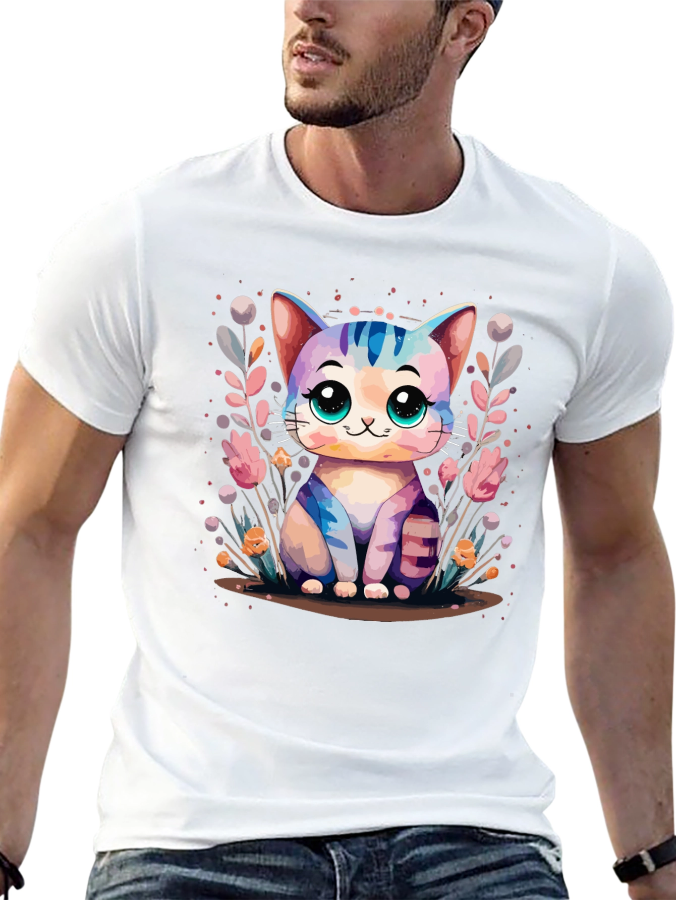 Cute Kawaii Cat Graphic Black T-Shirt