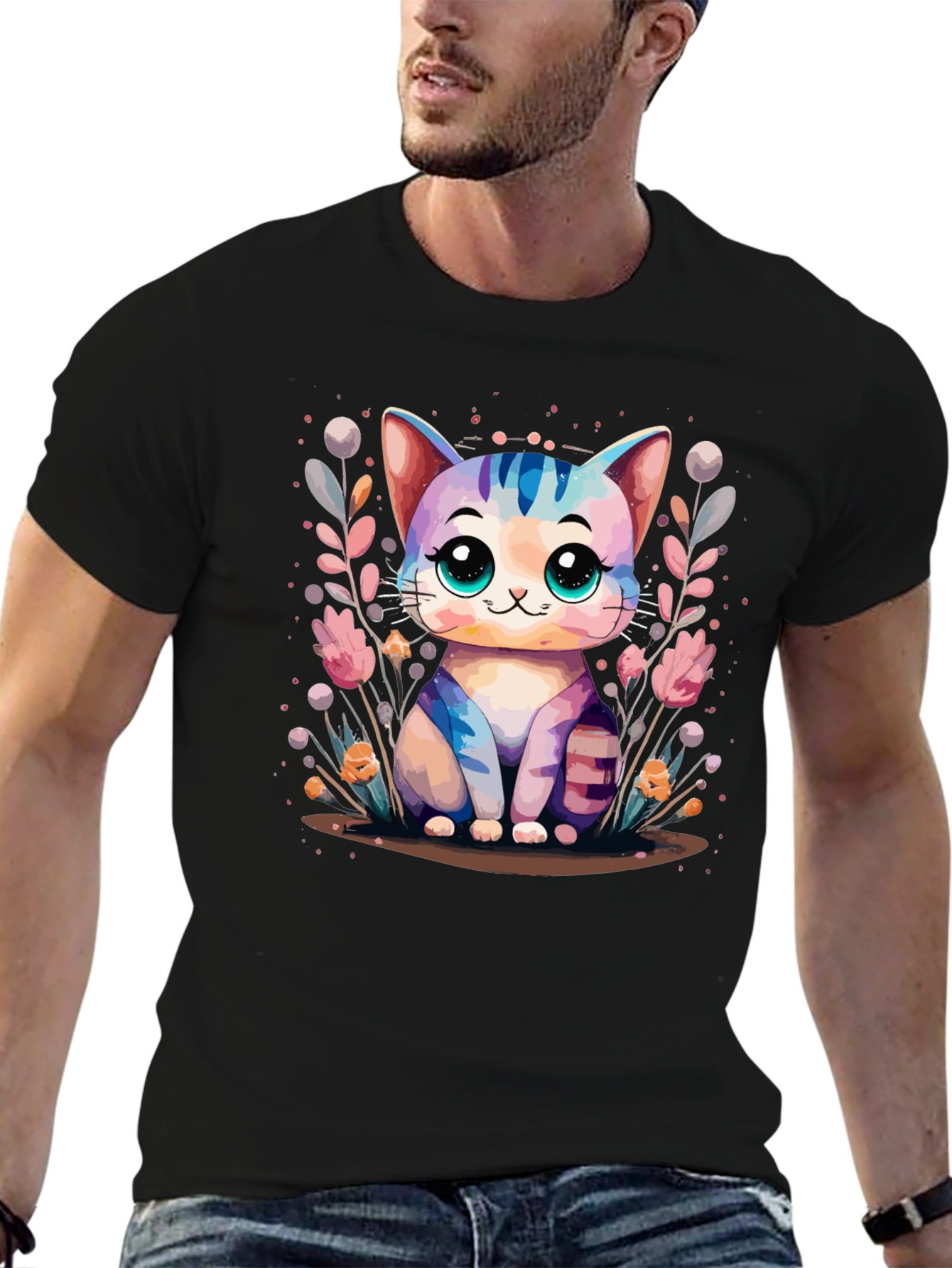 Cute Kawaii Cat Graphic Black T-Shirt