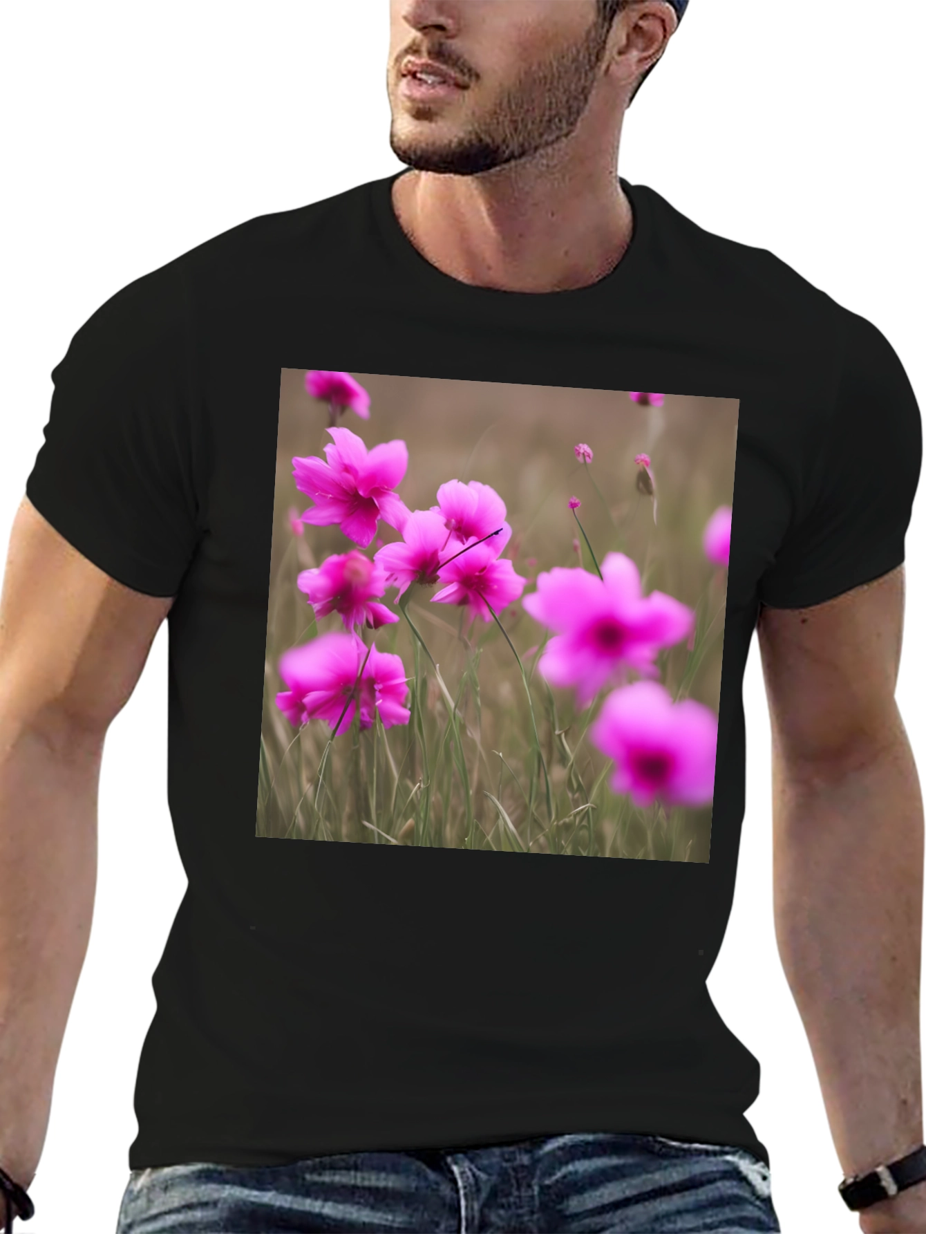 Black T-Shirt with Floral Design