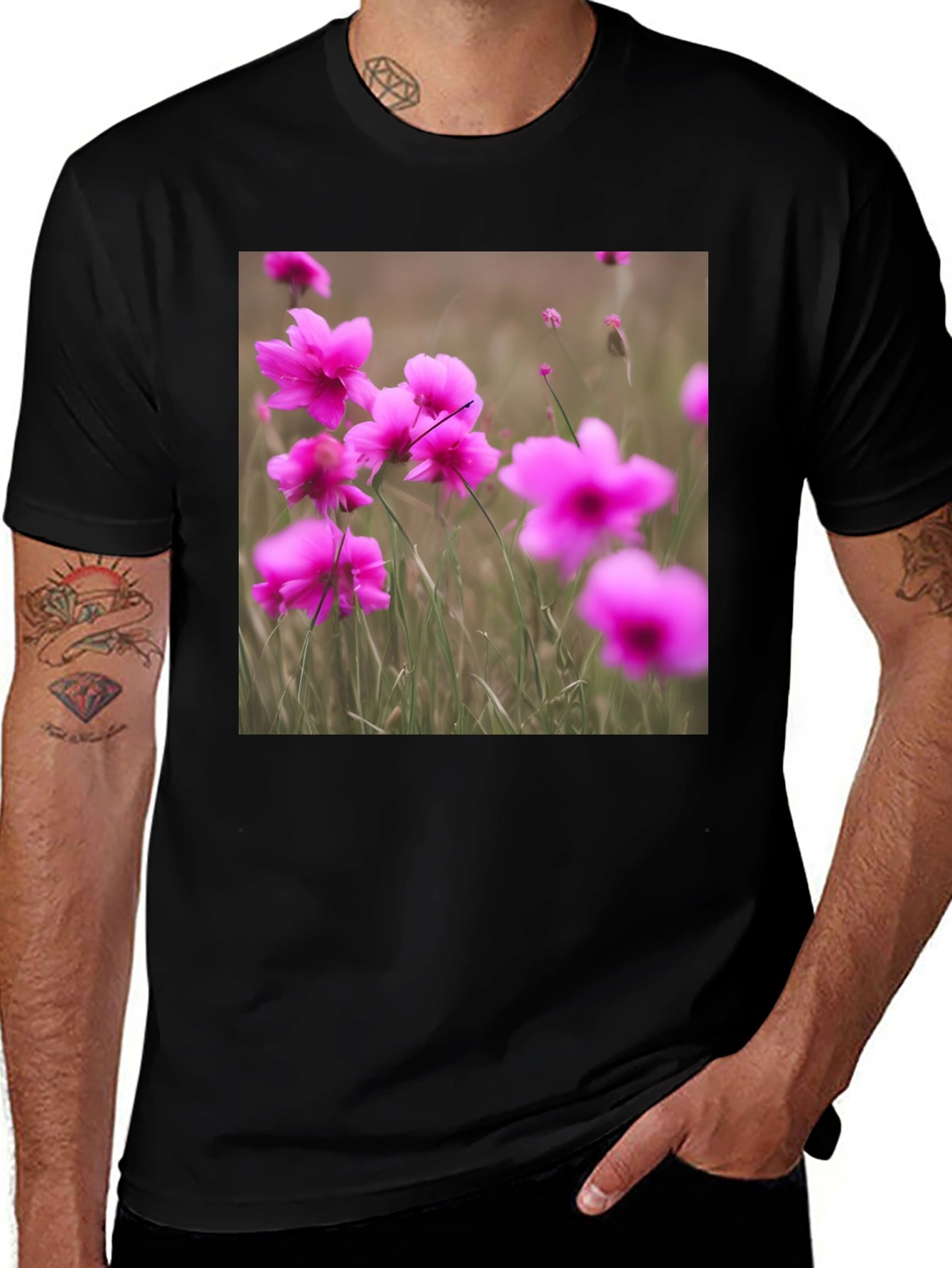 Black T-Shirt with Floral Design