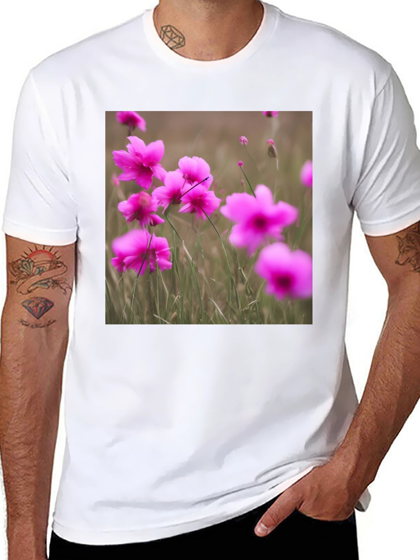 Black T-Shirt with Floral Design