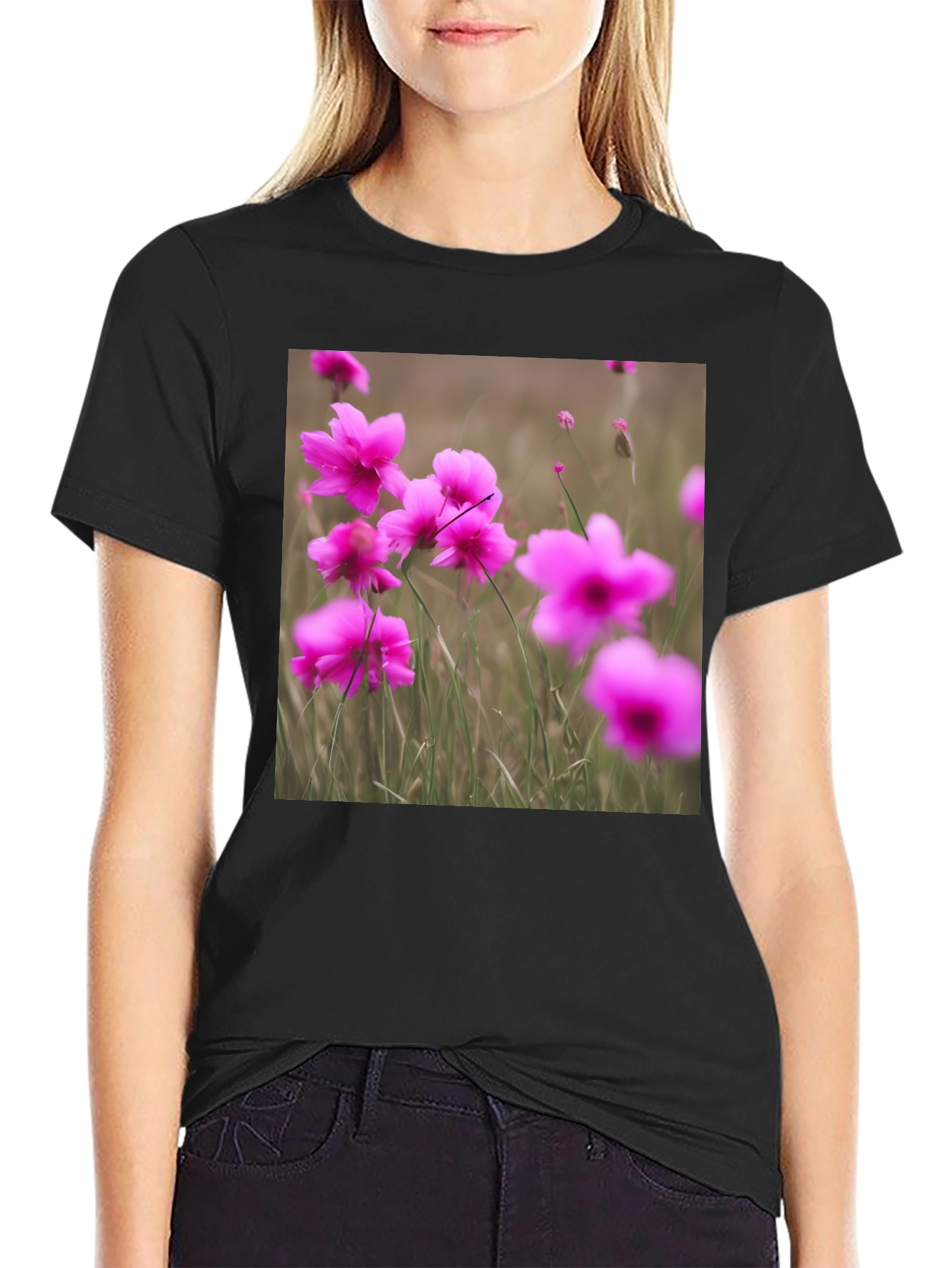 Black T-Shirt with Floral Design