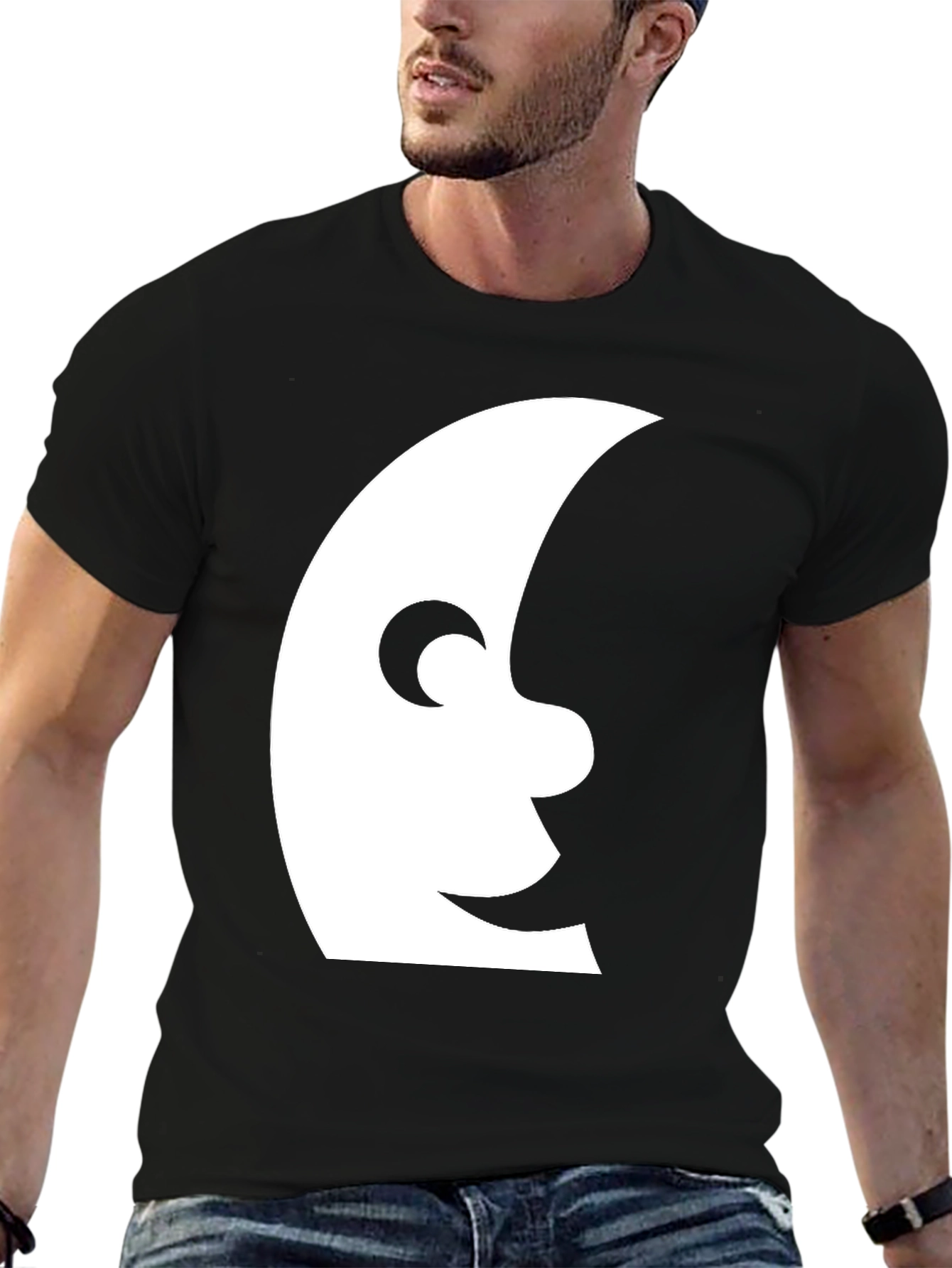 Mens Black T-Shirt with Moon Face Graphic