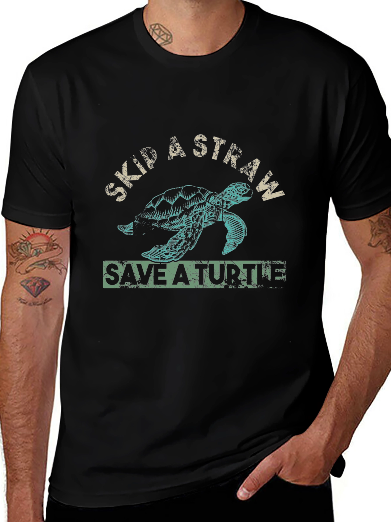 Skip a Straw Save a Turtle Black T-Shirt