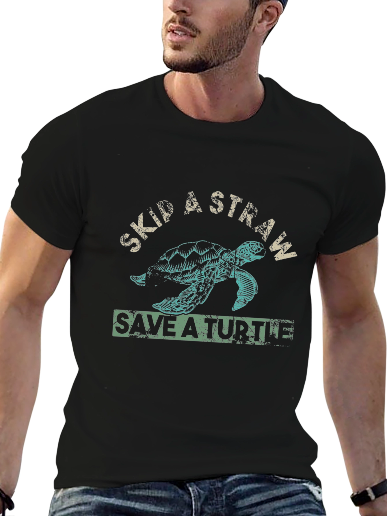 Skip a Straw Save a Turtle Black T-Shirt