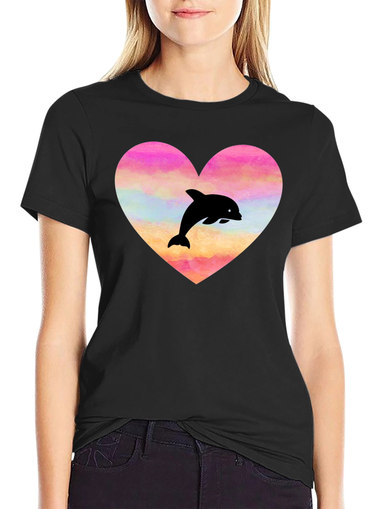 Heart Dolphin Graphic Tee - Black T-Shirt