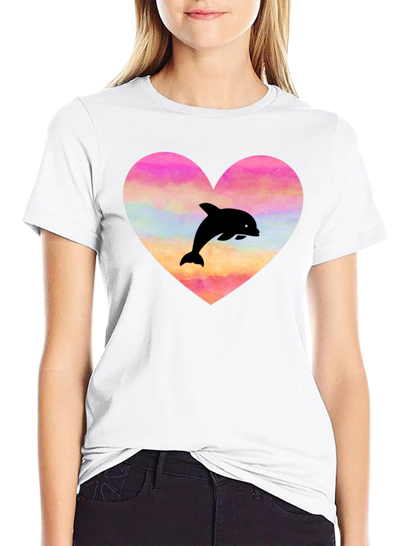 Heart Dolphin Graphic Tee - Black T-Shirt