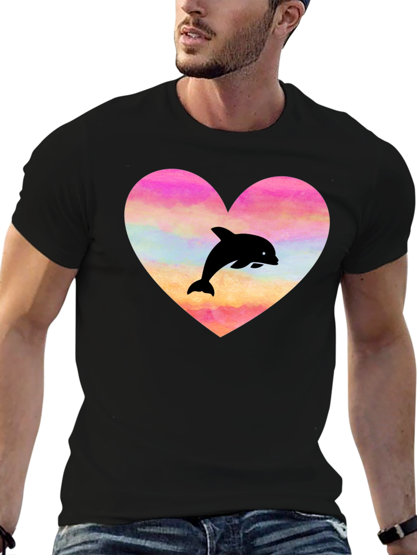 Heart Dolphin Graphic Tee - Black T-Shirt