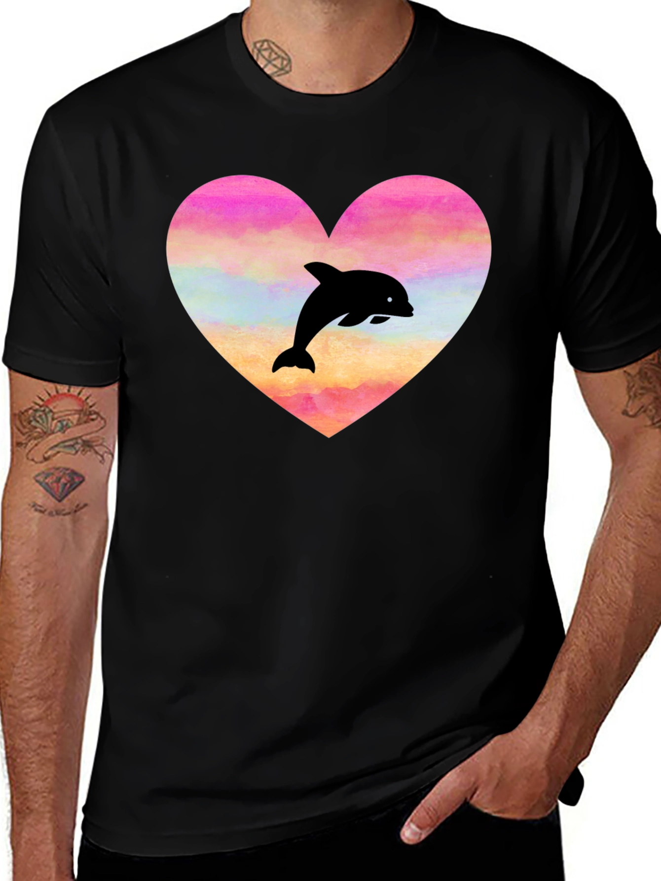 Heart Dolphin Graphic Tee - Black T-Shirt