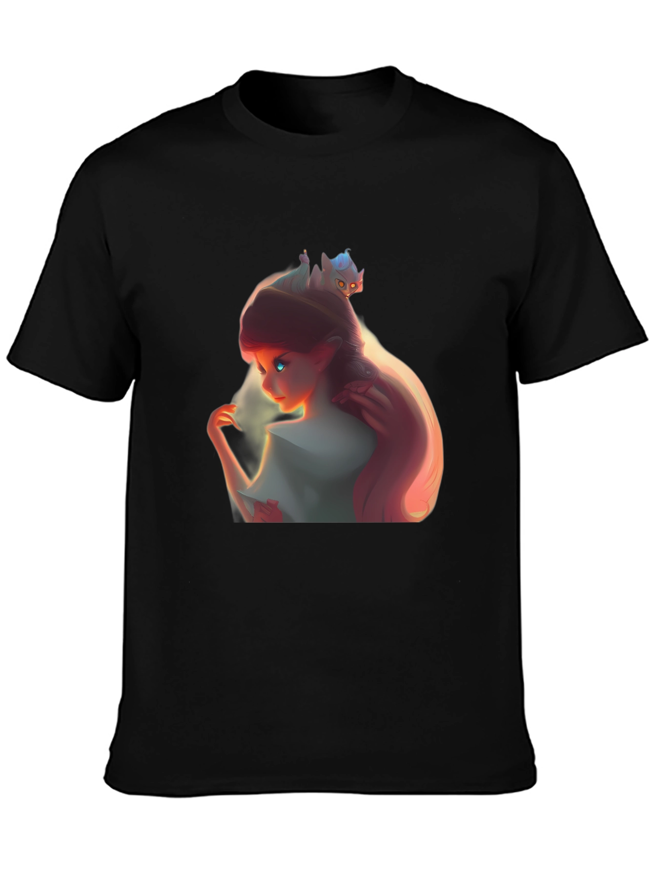 Whimsical Girl and Cat Black Graphic Tee