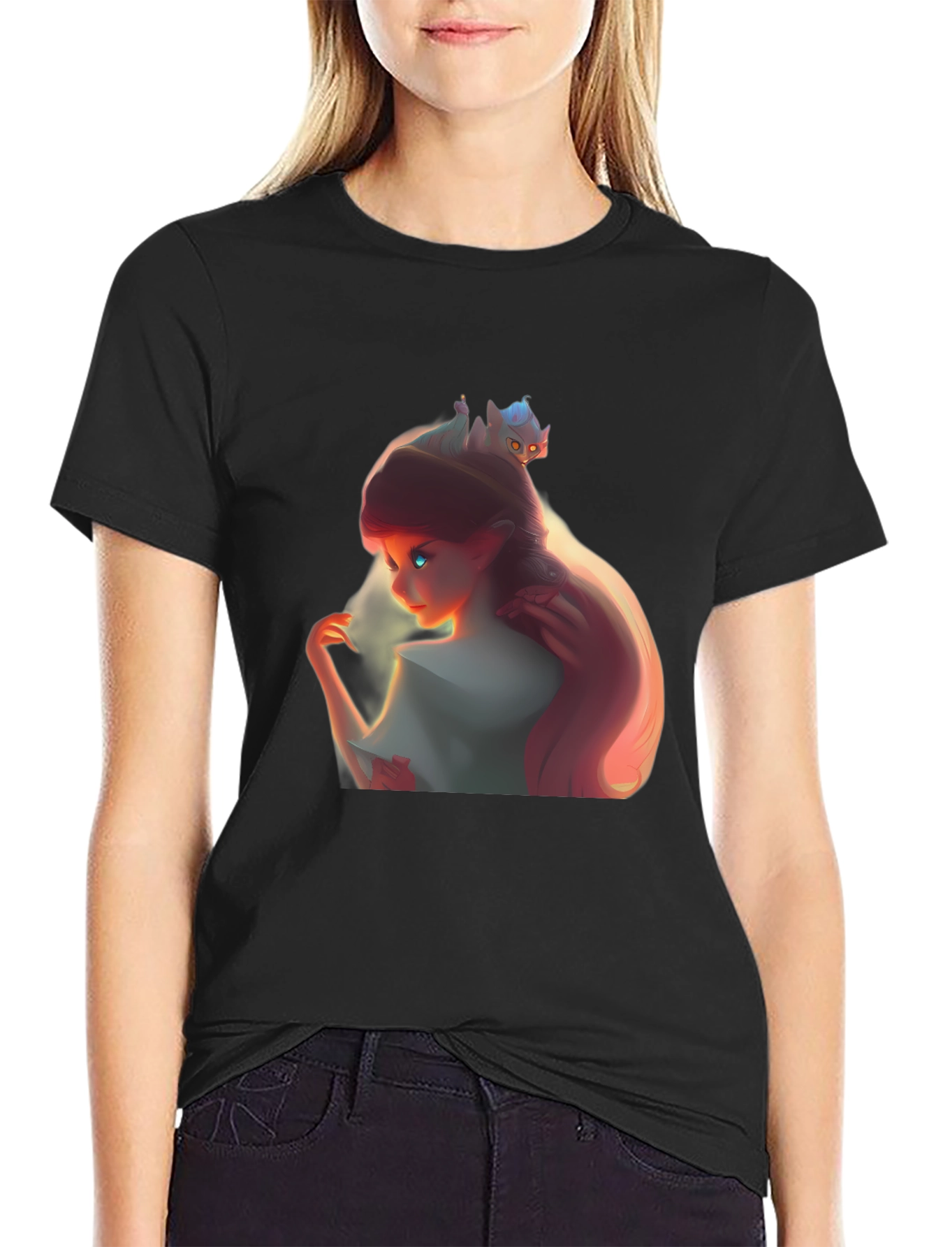 Whimsical Girl and Cat Black Graphic Tee