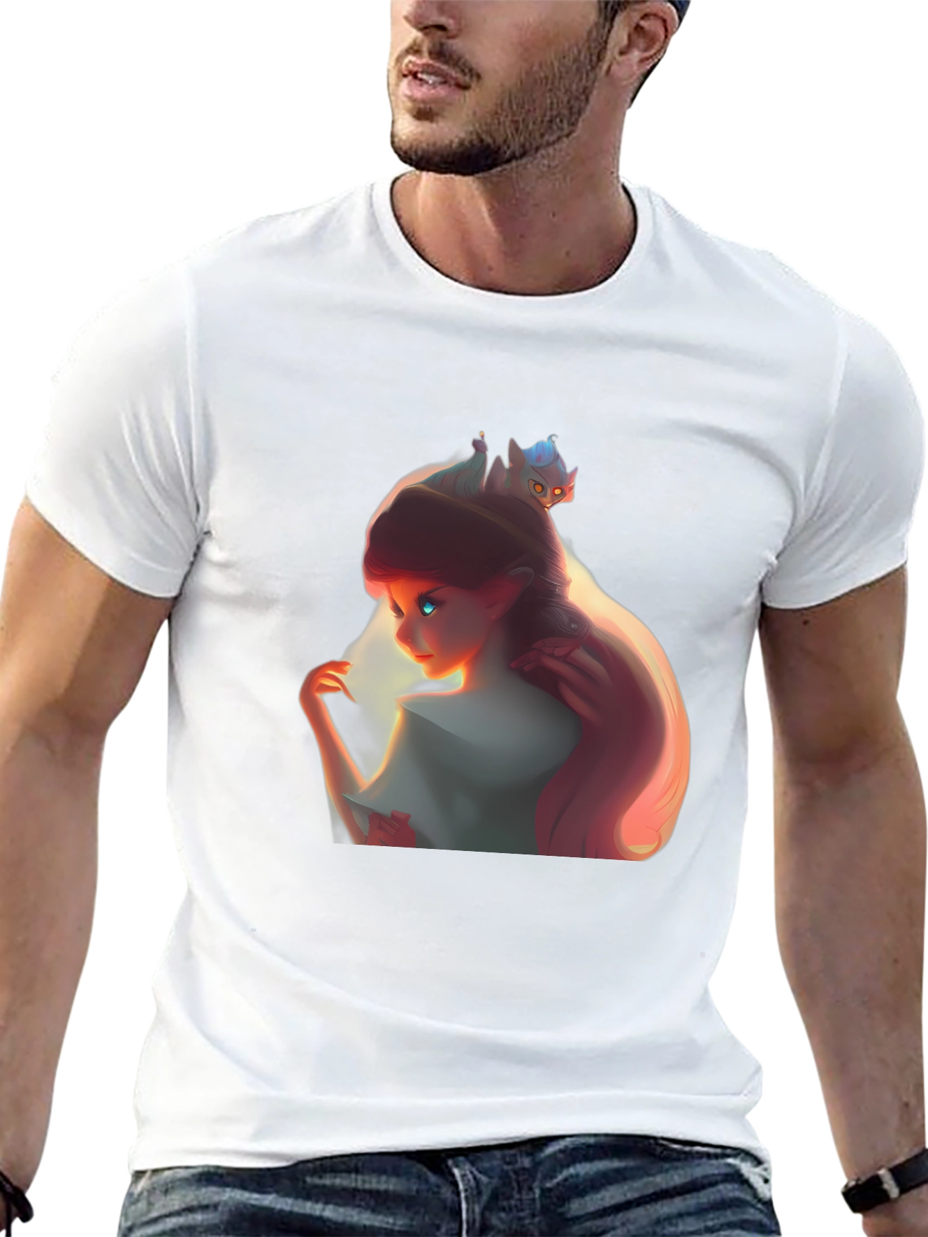 Whimsical Girl and Cat Black Graphic Tee