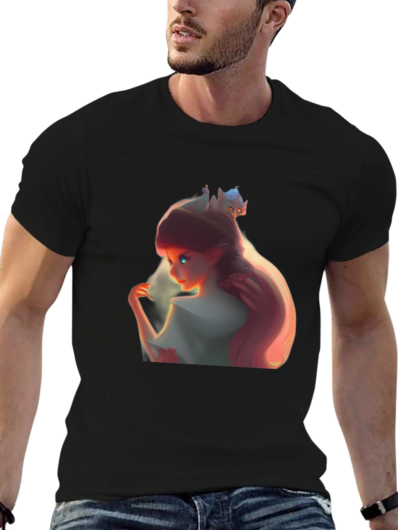 Whimsical Girl and Cat Black Graphic Tee