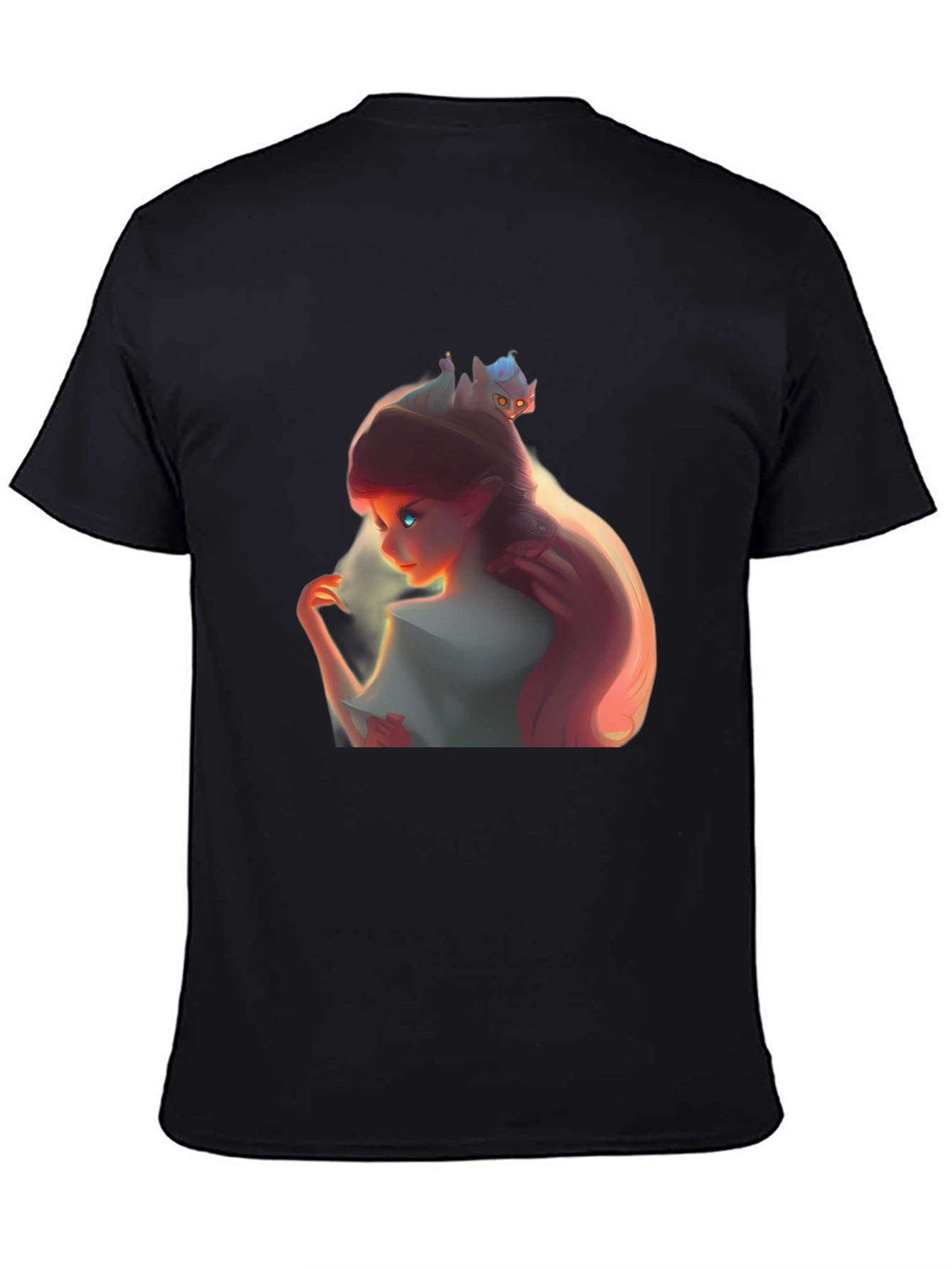 Whimsical Girl and Cat Black Graphic Tee