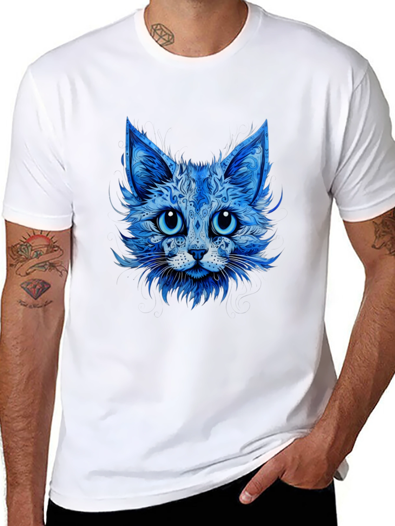 Blue Cat Graphic Tee - Stylish Animal Print T-Shirt