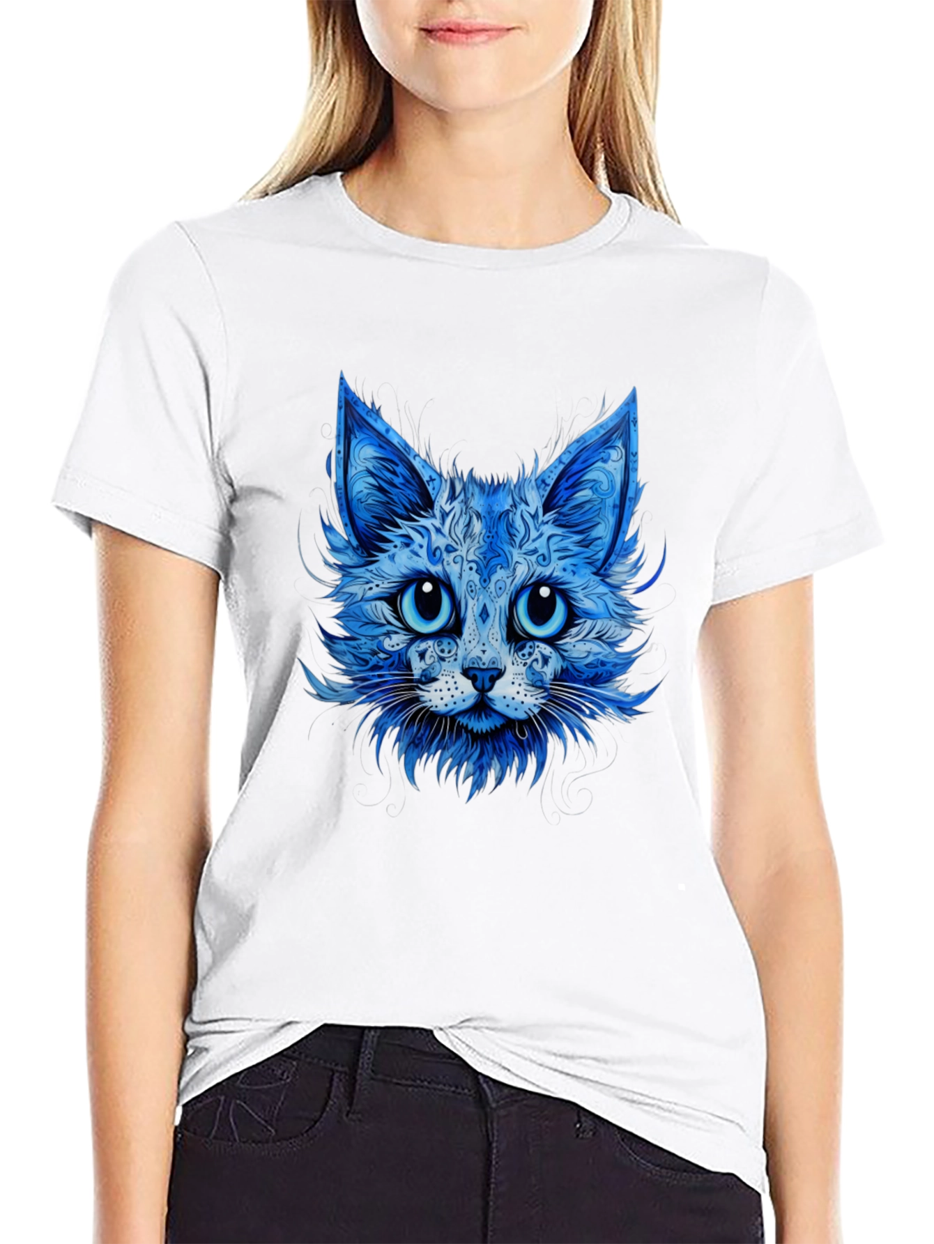 Blue Cat Graphic Tee - Stylish Animal Print T-Shirt