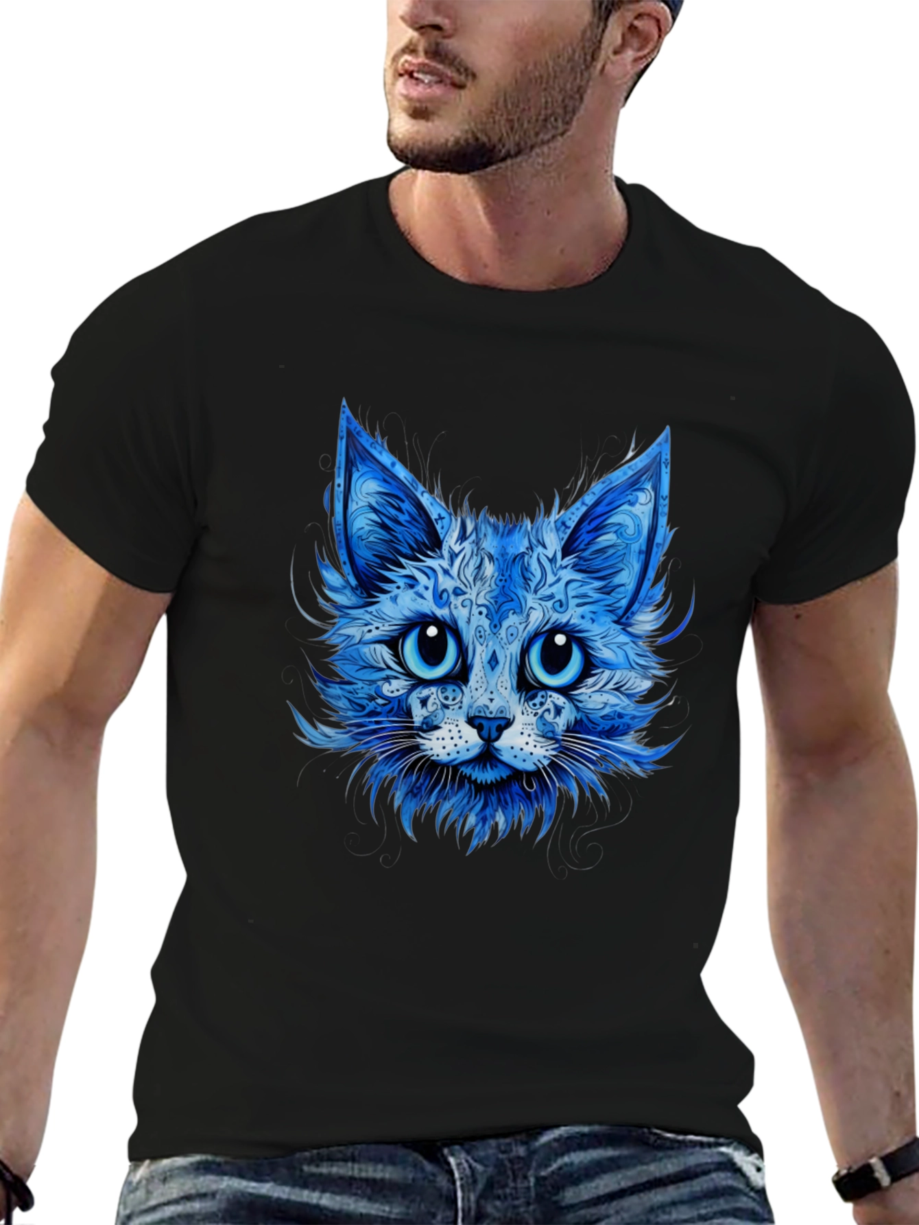 Blue Cat Graphic Tee - Stylish Animal Print T-Shirt