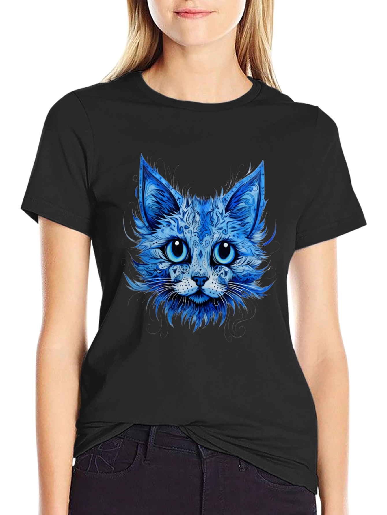 Blue Cat Graphic Tee - Stylish Animal Print T-Shirt