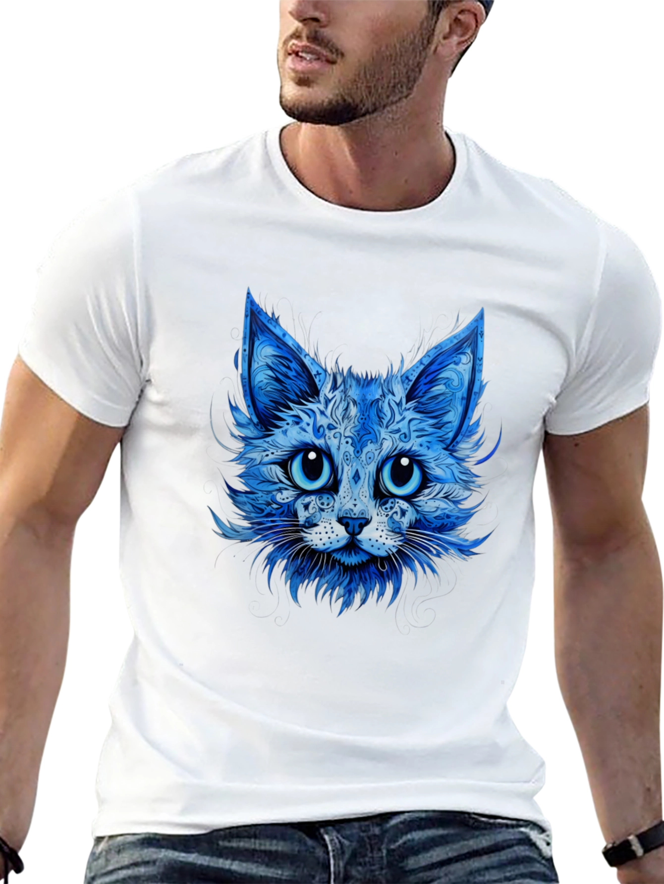 Blue Cat Graphic Tee - Stylish Animal Print T-Shirt