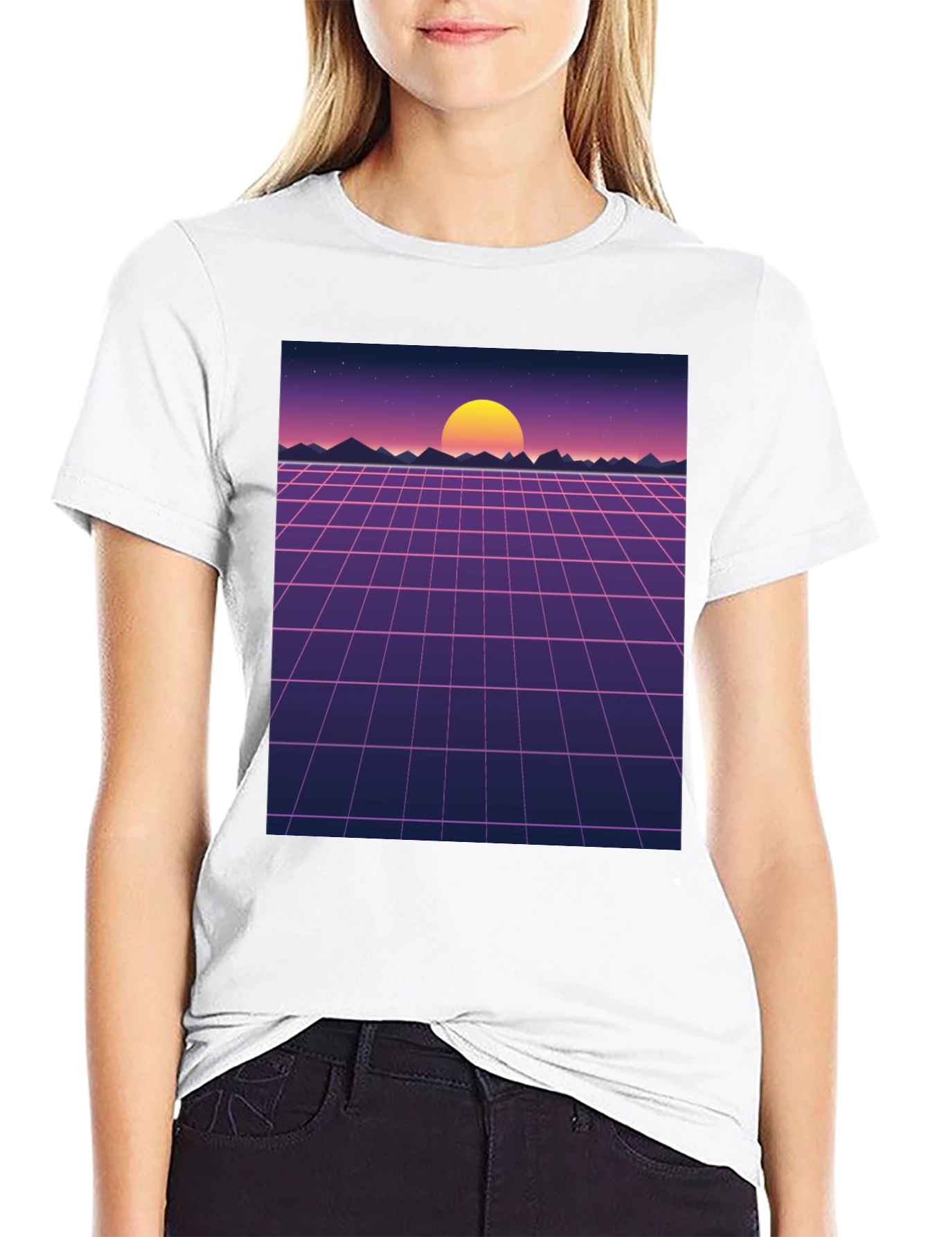 Retro Sunset Grid Graphic Tee - Synthwave Style Shirt