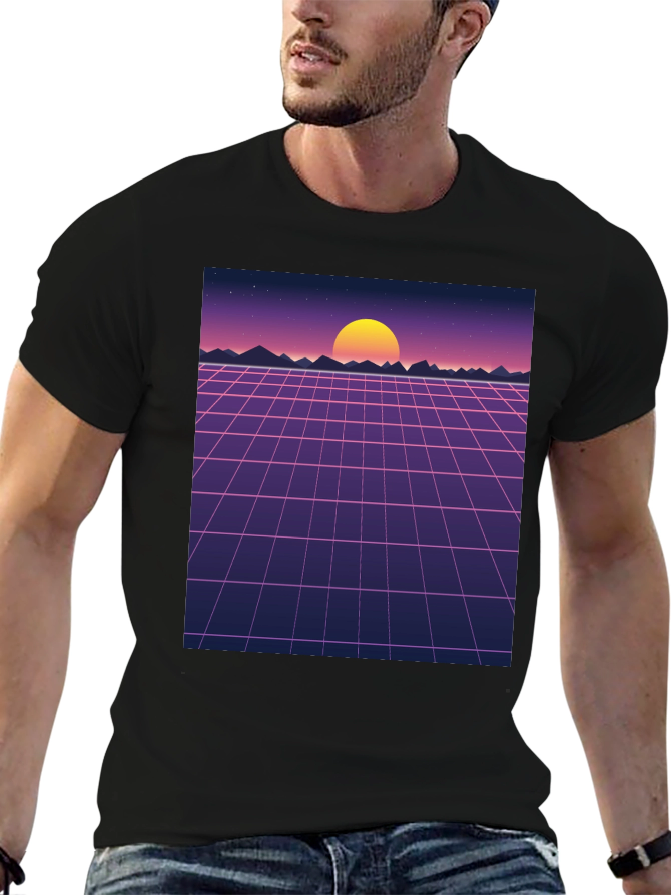 Retro Sunset Grid Graphic Tee - Synthwave Style Shirt