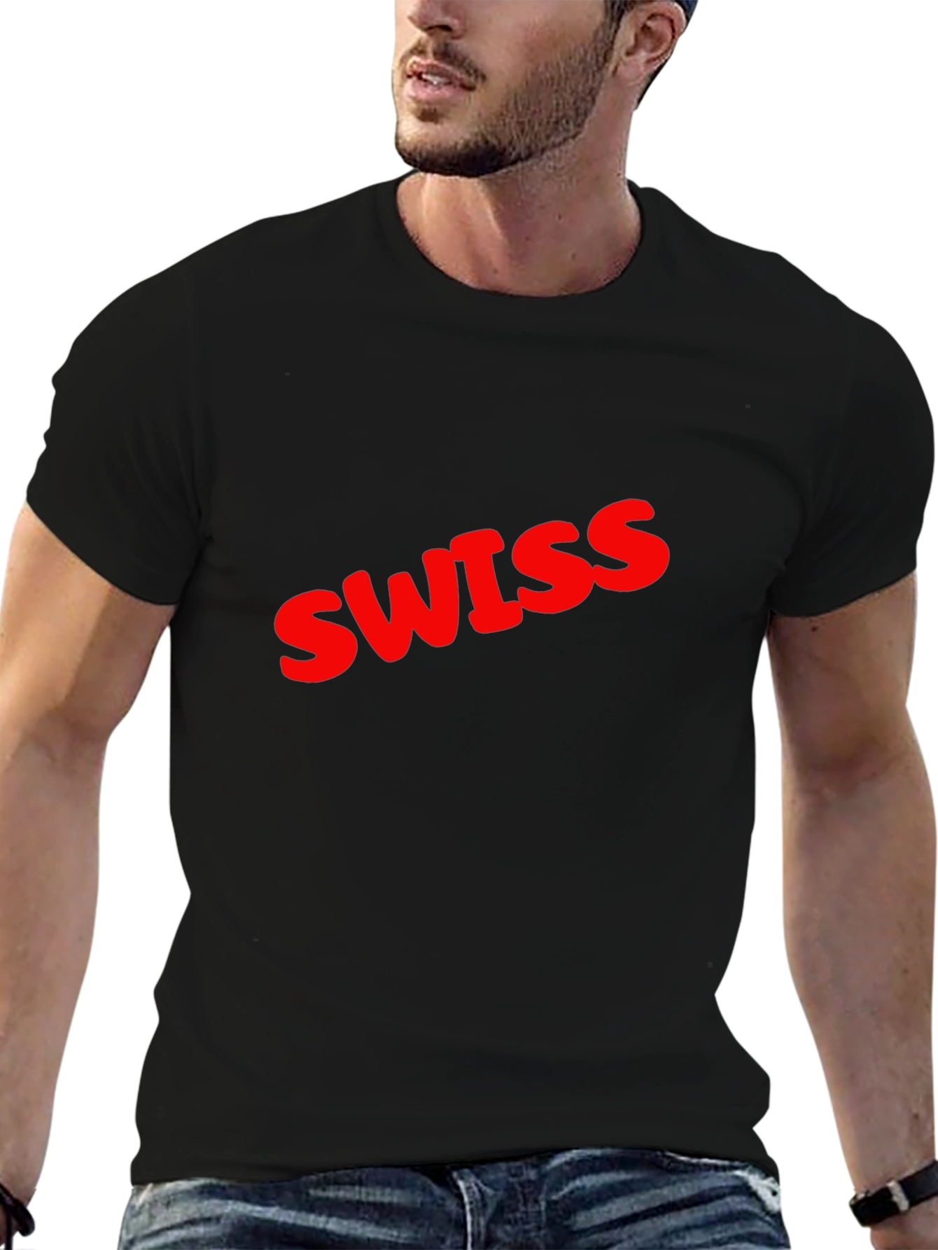 Swiss Red Text Graphic Black T-Shirt