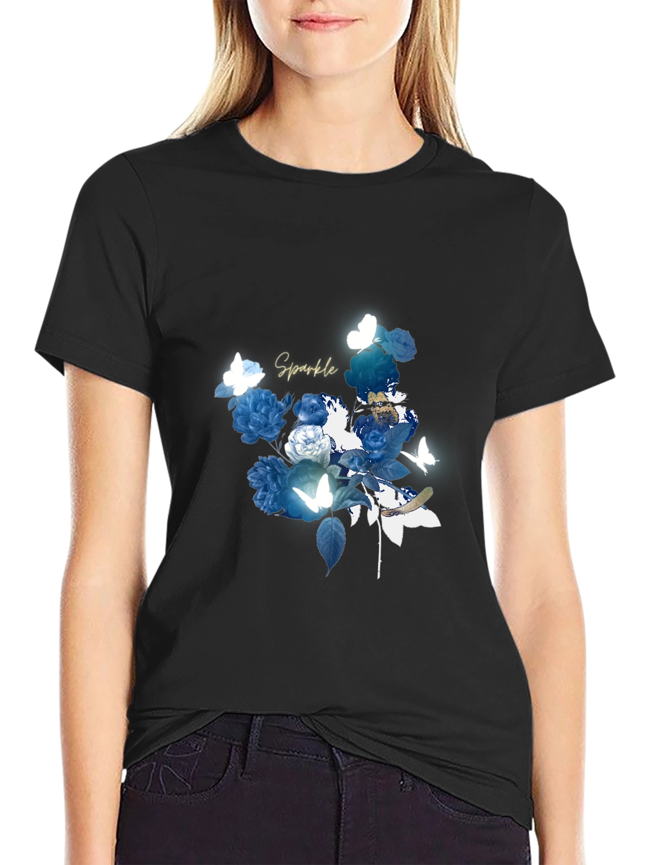 Floral Sparkle Graphic Black T-Shirt