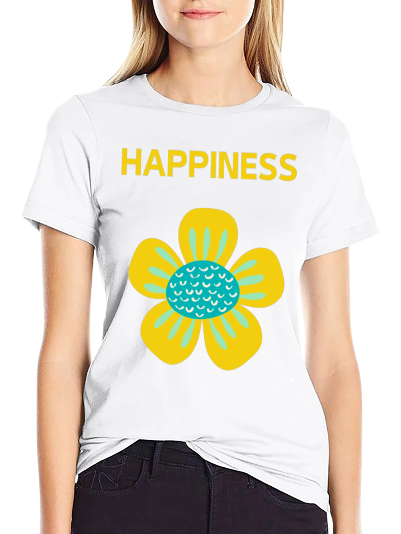 Happiness Floral Graphic Tee - Black Cotton Blend