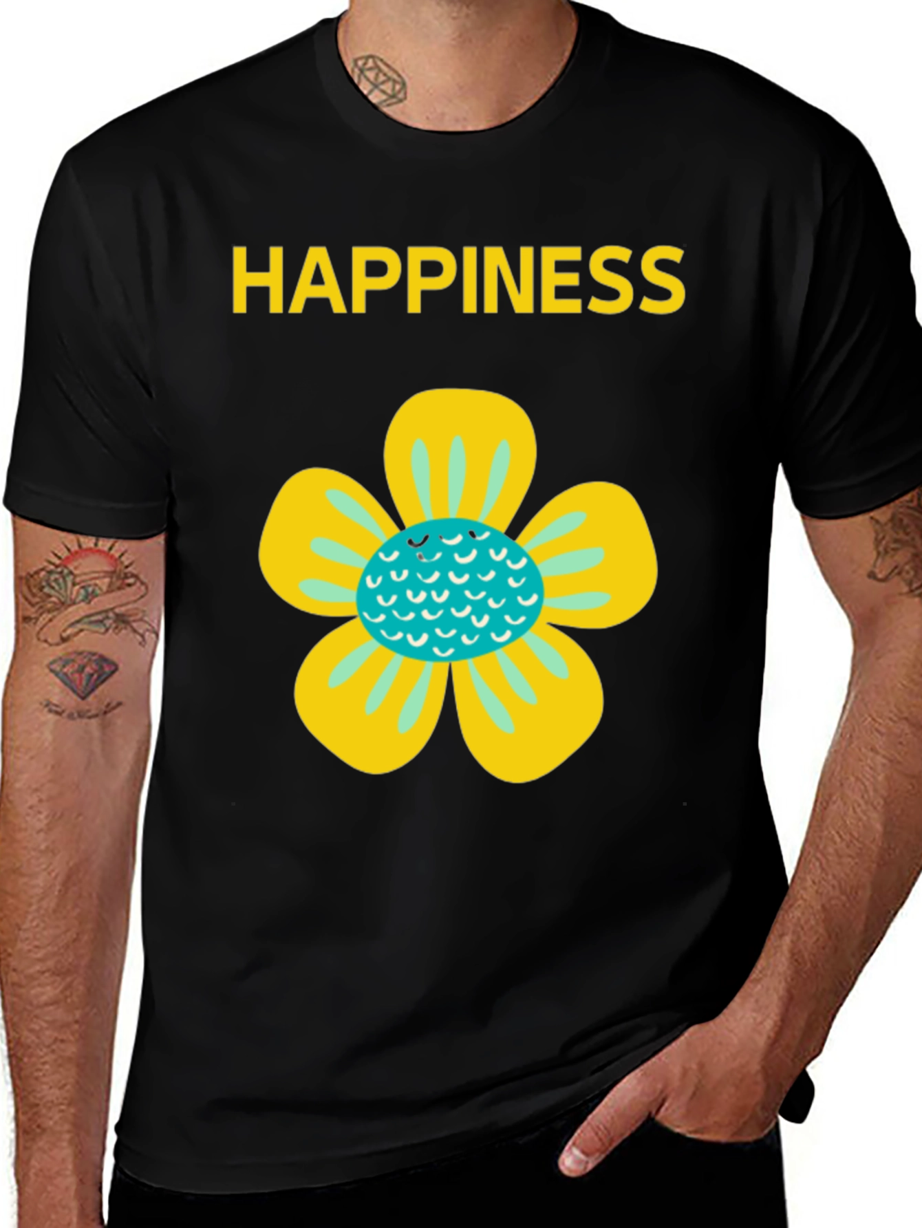 Happiness Floral Graphic Tee - Black Cotton Blend