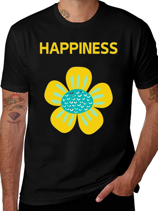 Happiness Floral Graphic Tee - Black Cotton Blend